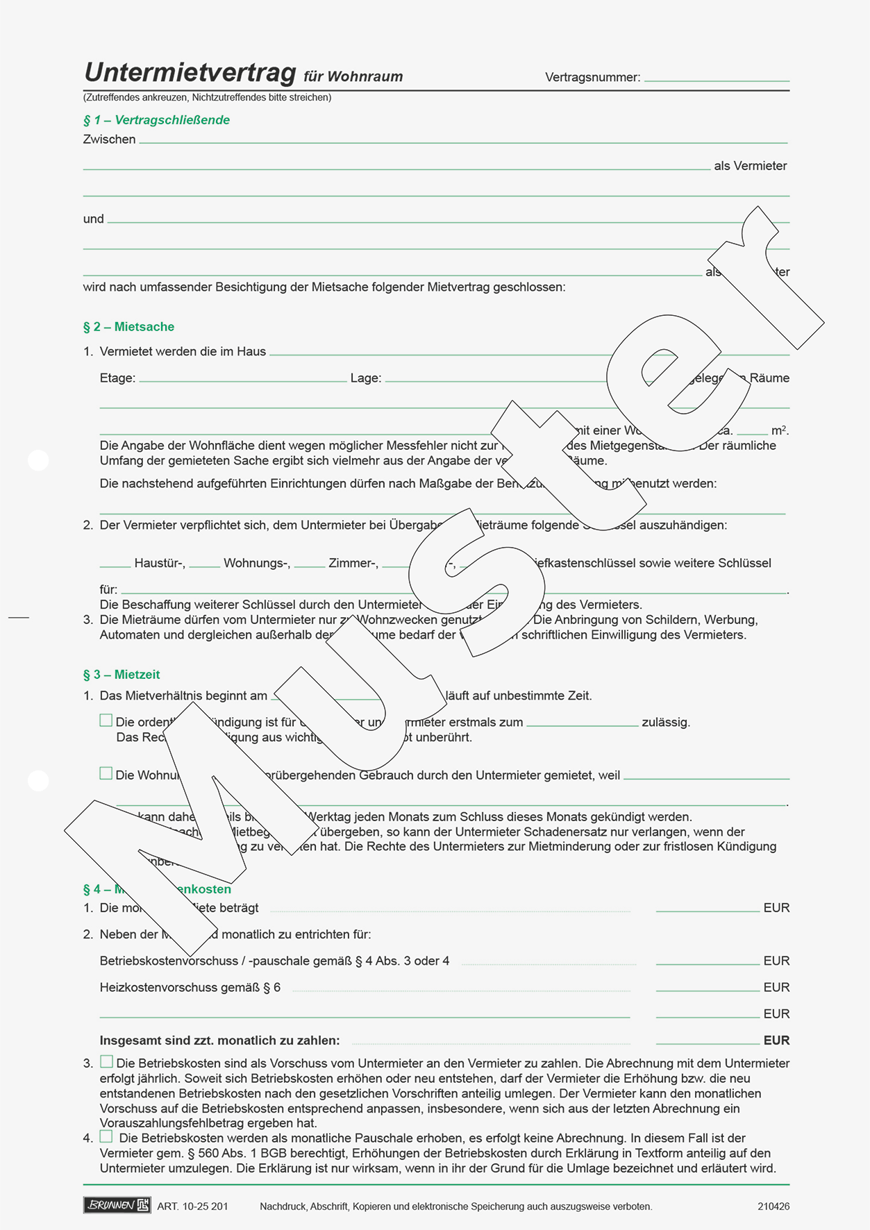 Formular „Untermietvertrag für Wohnräume“ | A4