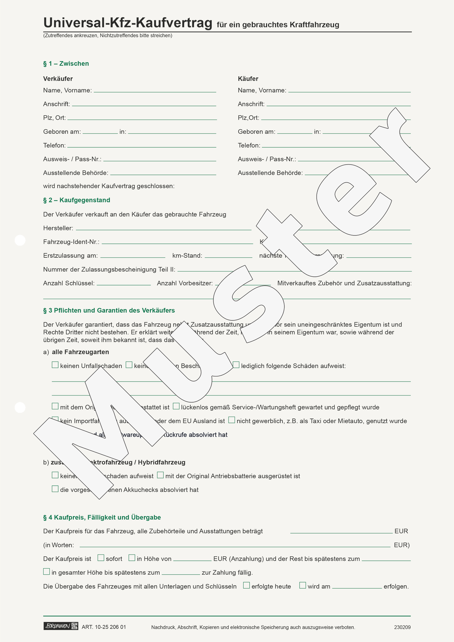 Formular „Universal Kfz-Kaufvertrag“ | A4