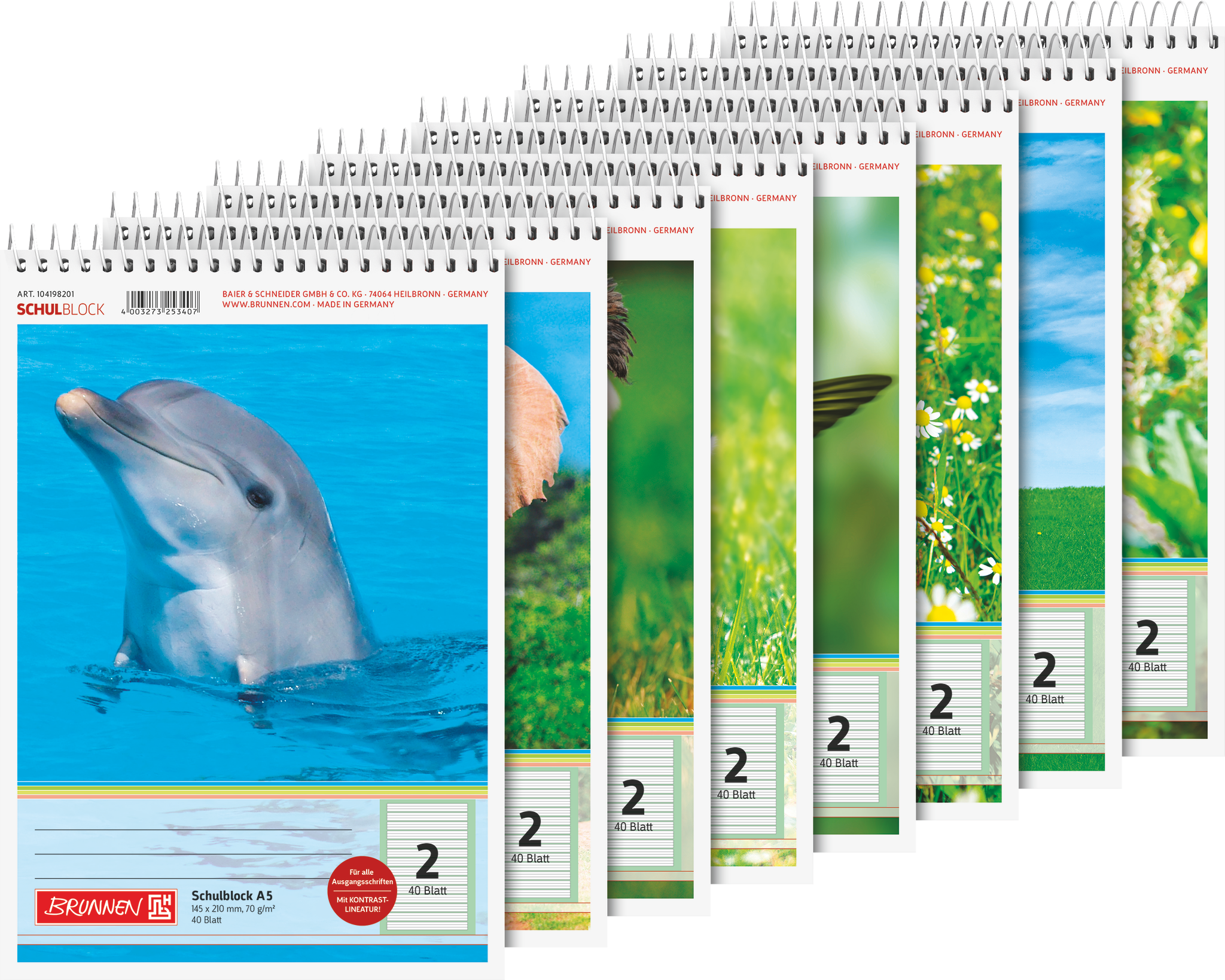 10 x Brunnen Schulblock A5 70g/qm Lineatur 2 mit Spirale 40 Blatt Moti