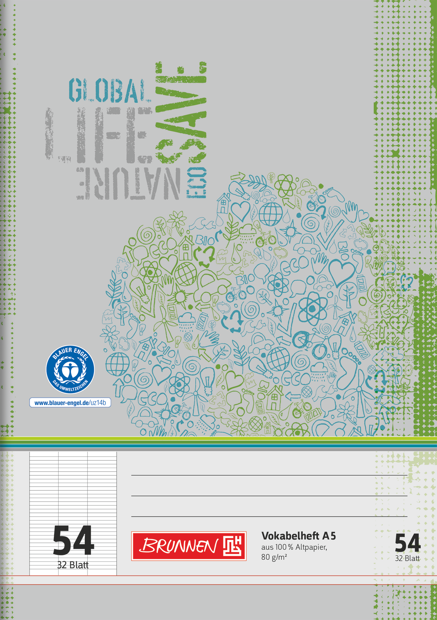 Vokabelheft Recycling | A5, Lineatur 54, 32 Blatt, grün/grau