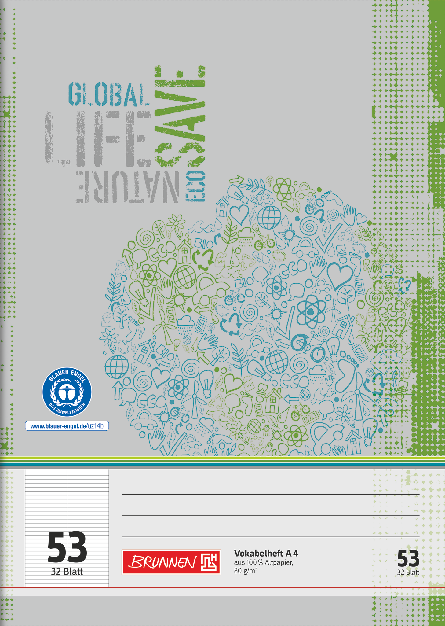 Vokabelheft Recycling | A4, Lineatur 53, 32 Blatt, grün/grau