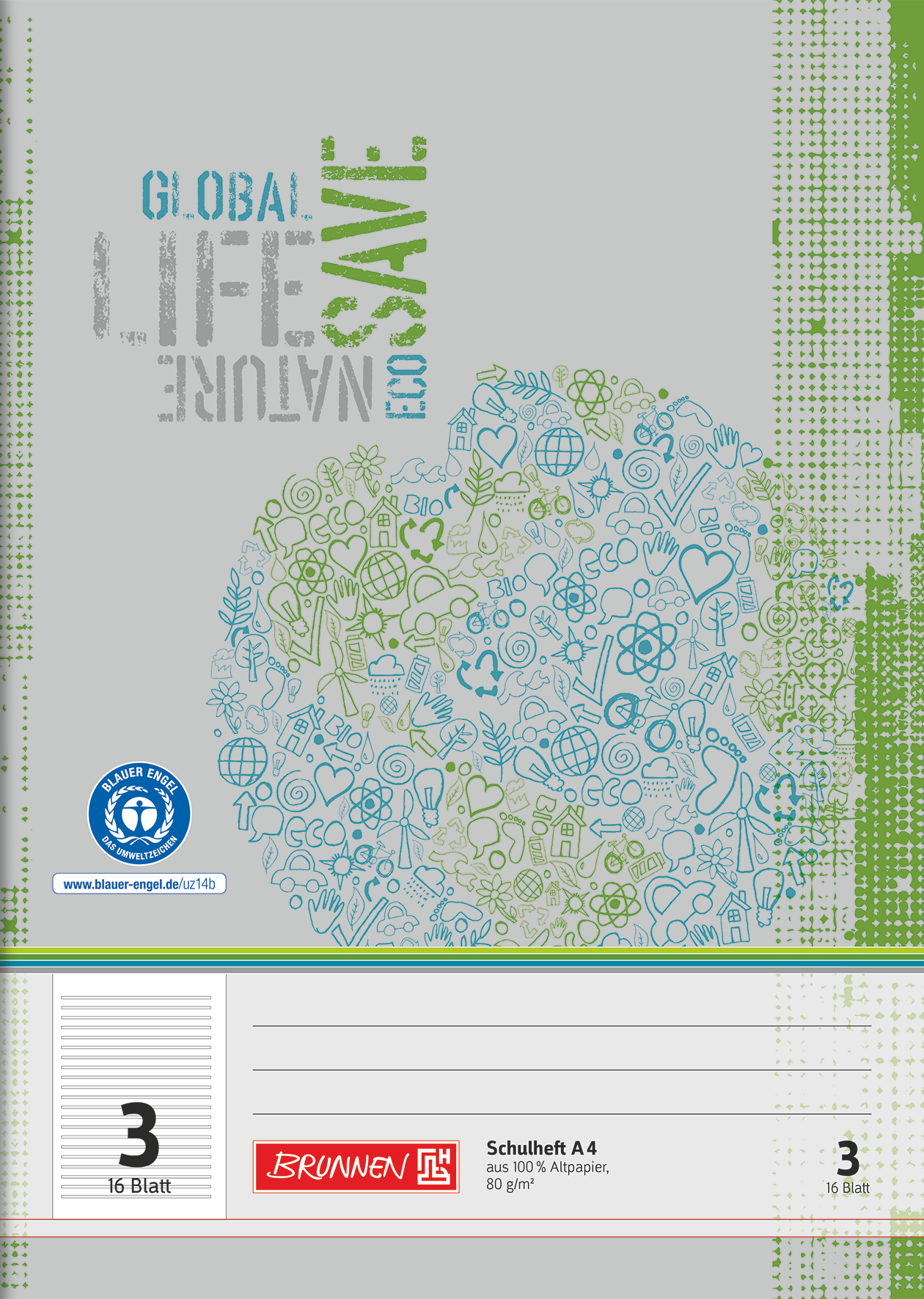 Schulheft Recycling | A4, Lineatur 3, 16 Blatt, grün/grau