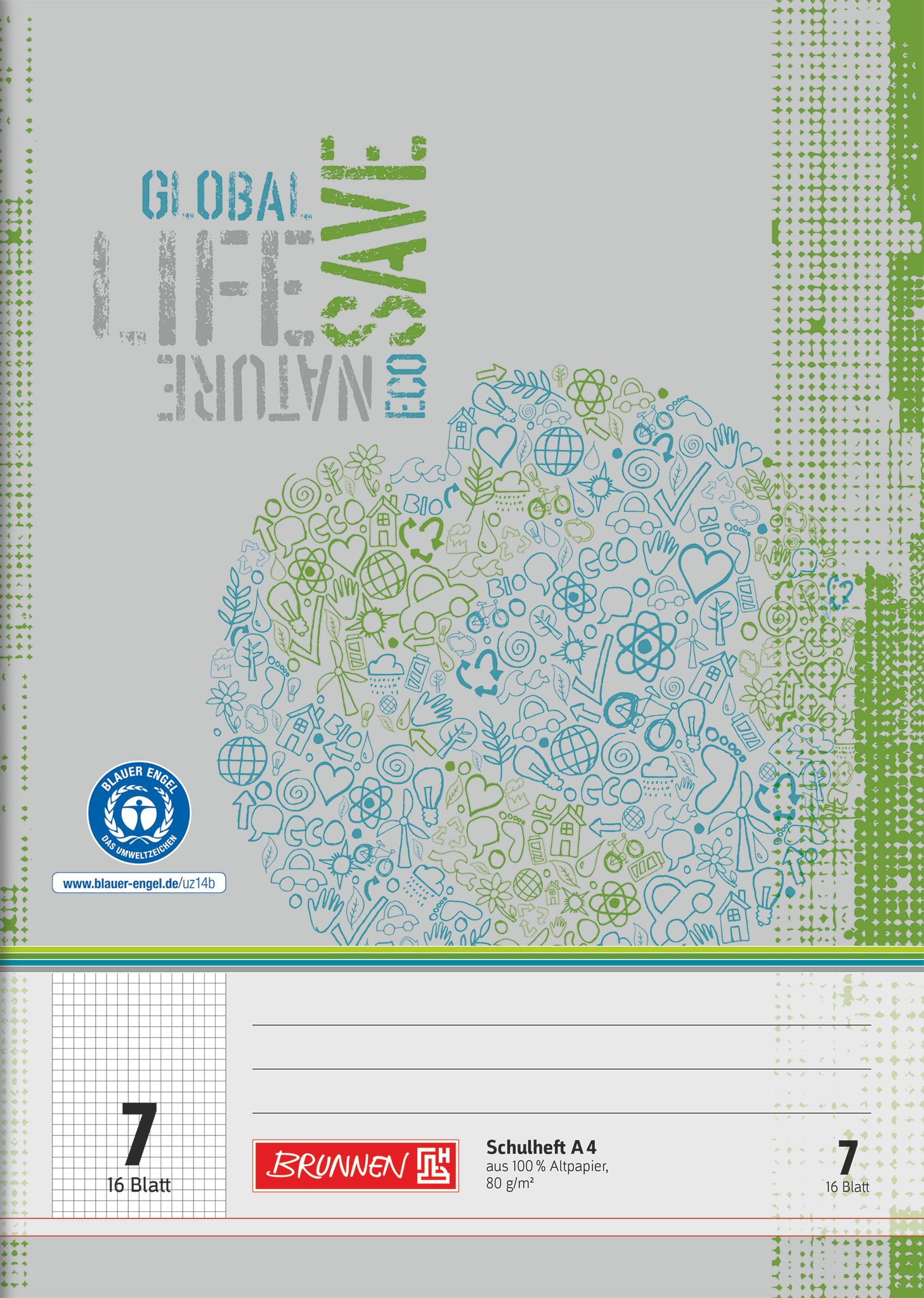 Schulheft Recycling | A4, Lineatur 7, 16 Blatt, grün/grau