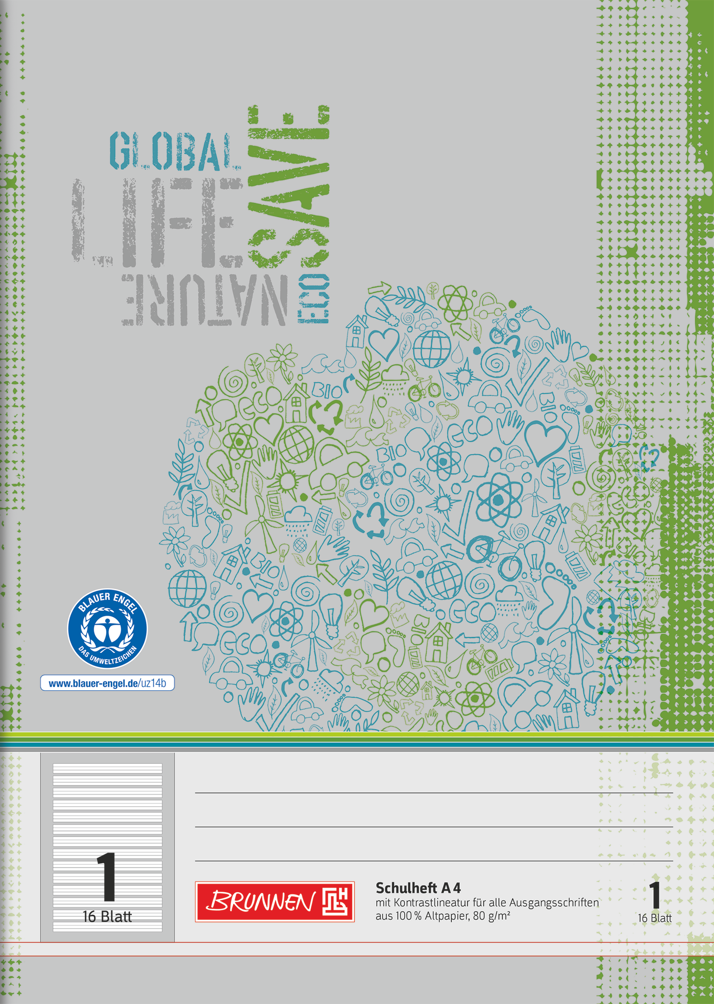 Schulheft Recycling | A4, Lineatur 1, 16 Blatt, grün/grau