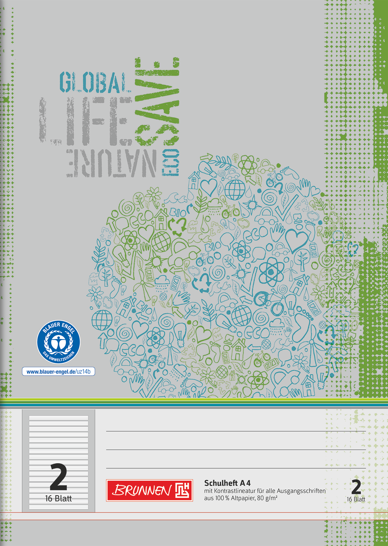 Schulheft Recycling | A4, Lineatur 2, 16 Blatt, grün/grau
