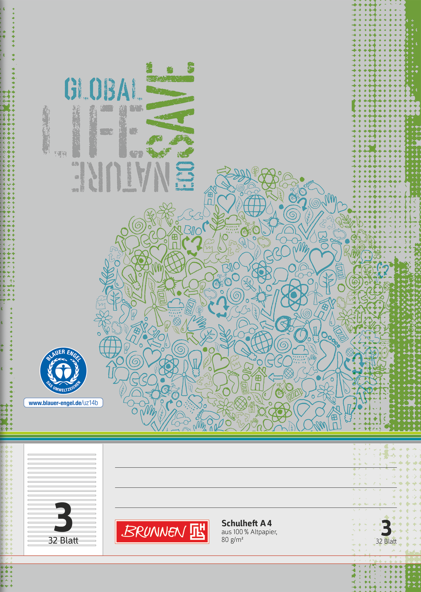 Schulheft Recycling | A4, Lineatur 3, 32 Blatt, grün/grau