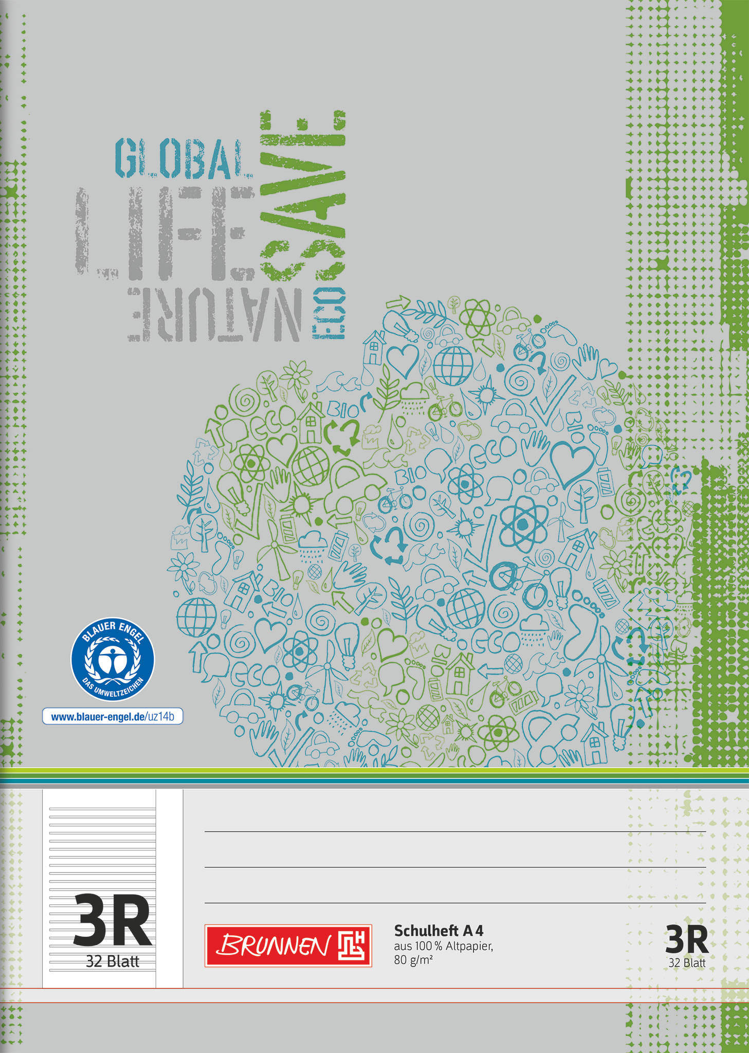 Schulheft Recycling | A4, Lineatur 3R, 32 Blatt, grün/grau