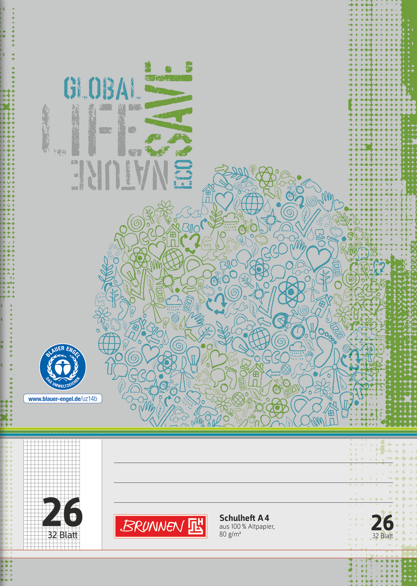 Schulheft Recycling | A4, Lineatur 26, 32 Blatt, grün/grau
