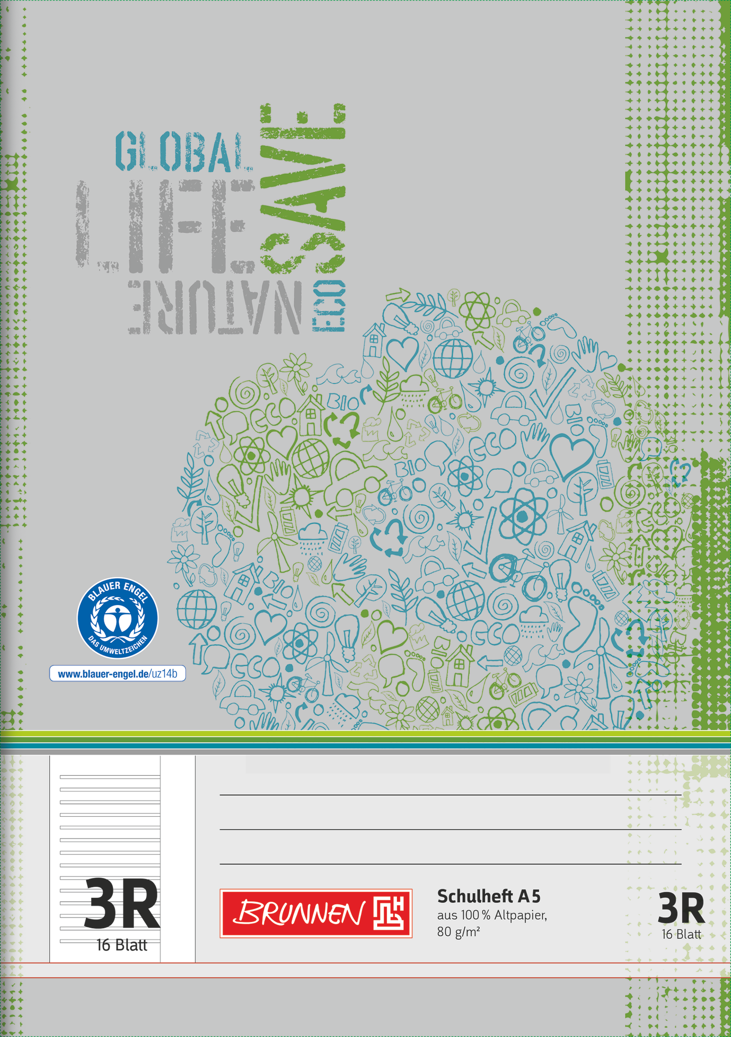 Schulheft Recycling | A5, Lineatur 3R, 16 Blatt, grün/grau