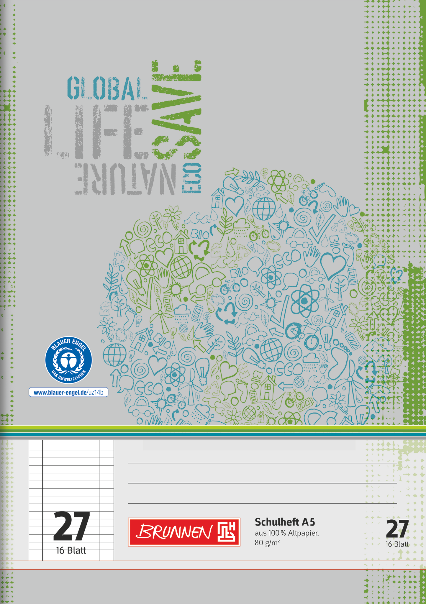 Schulheft Recycling | A5, Lineatur 27, 16 Blatt, grün/grau