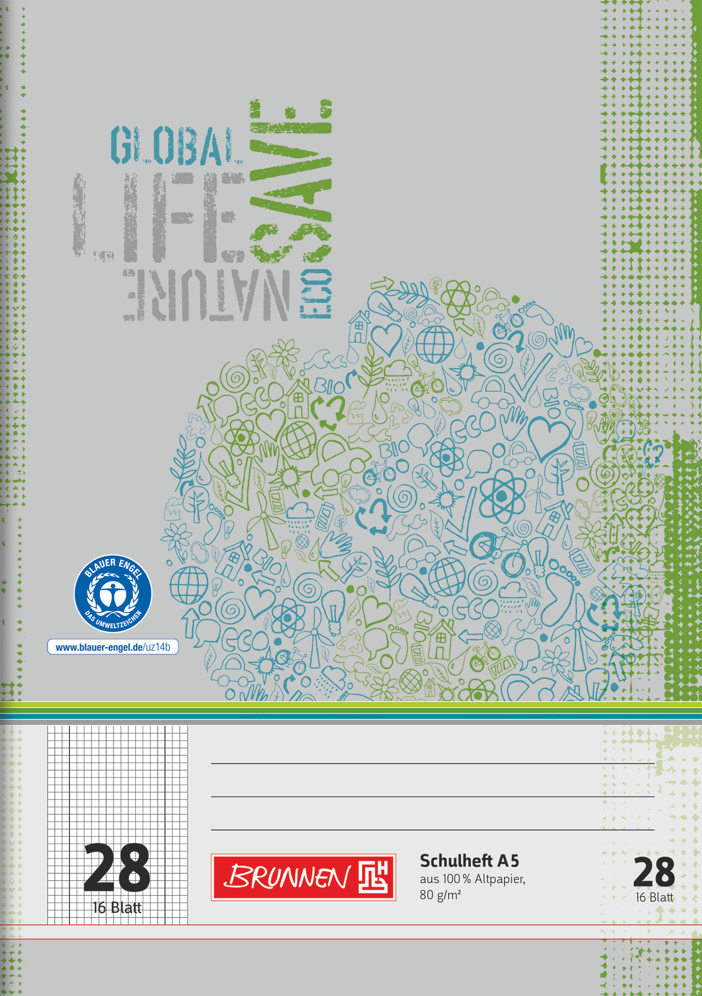 Schulheft Recycling | A5, Lineatur 28, 16 Blatt, grün/grau