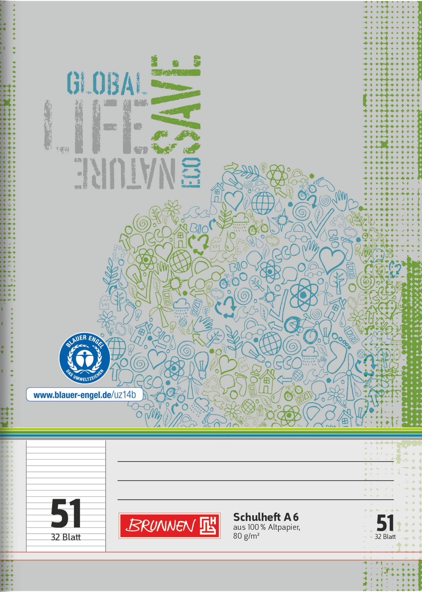 Schulheft Recycling | A6, Lineatur 51, 32 Blatt, grün/grau