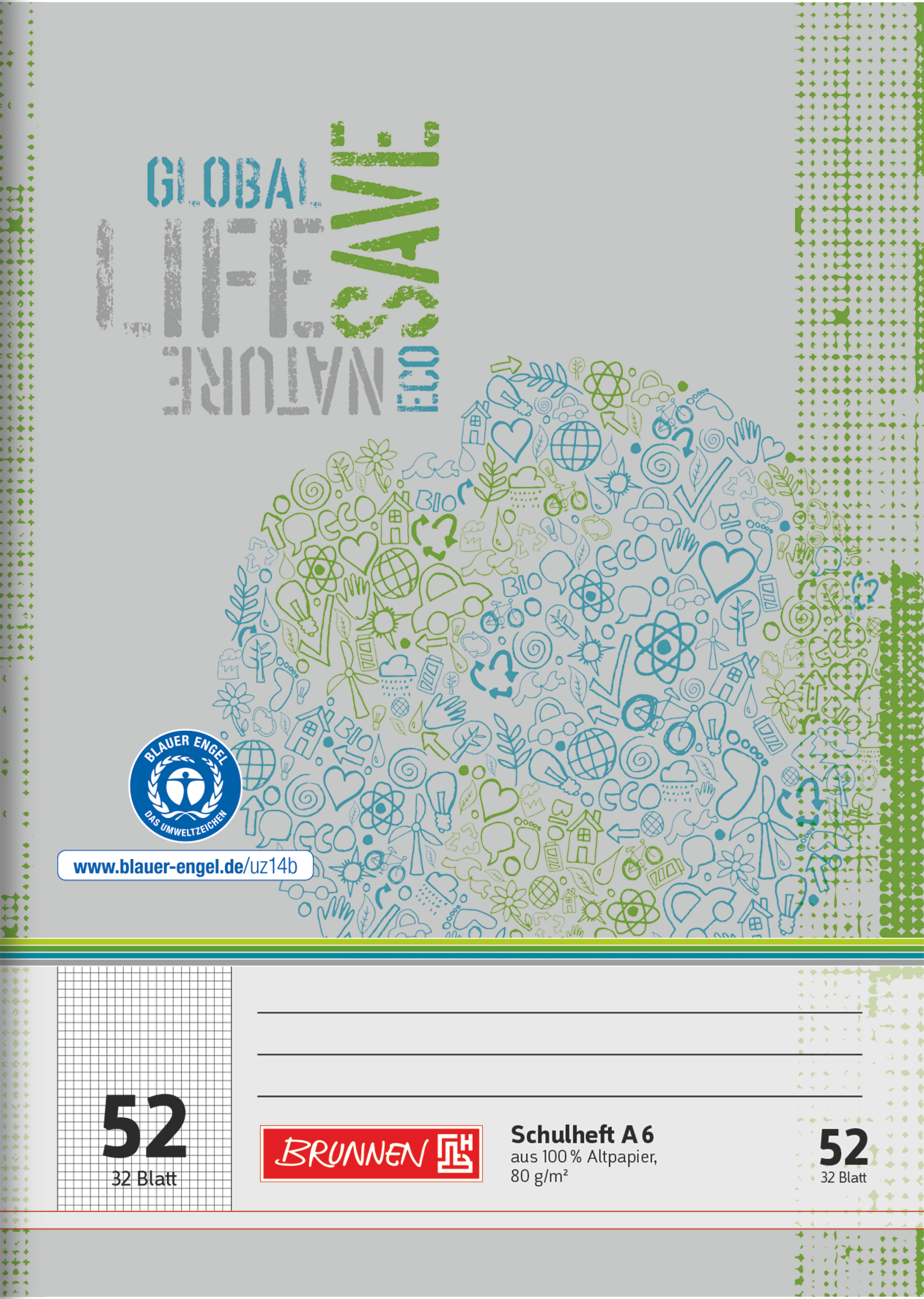 Schulheft Recycling | A6, Lineatur 52, 32 Blatt, grün/grau