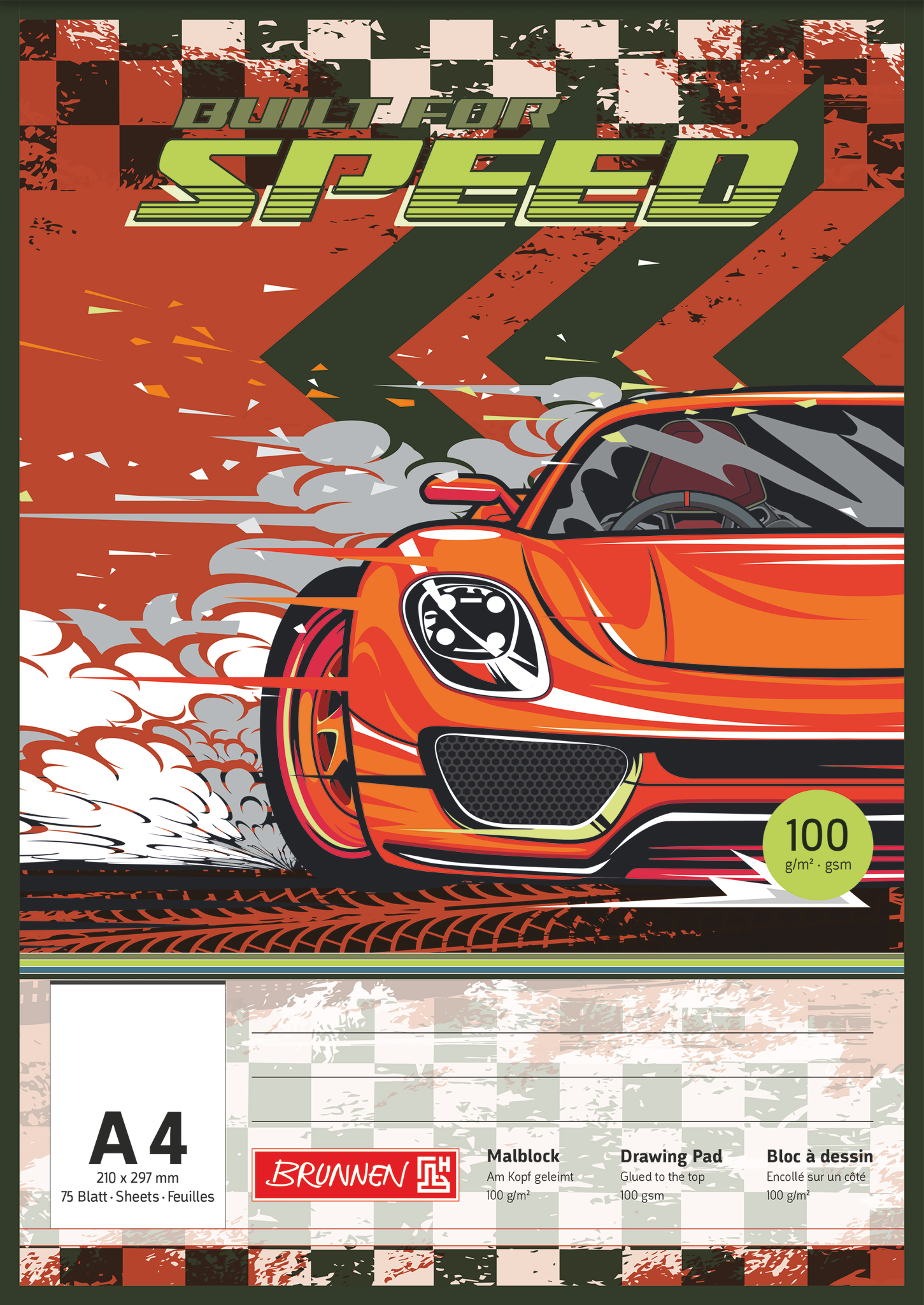 Malblock Fast Wheels | A4, 75 Blatt, rot/mehrfarbig