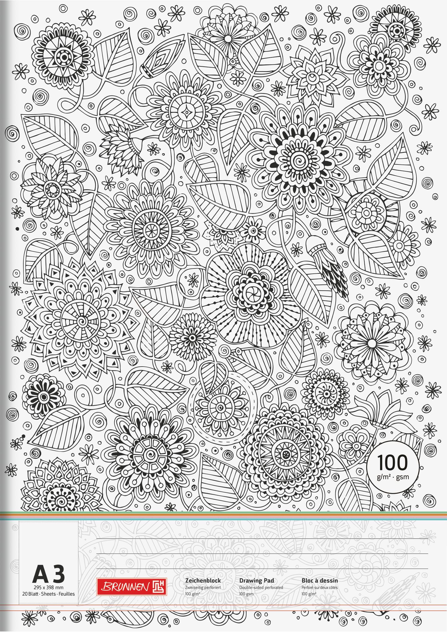Zeichenblock „Floral“ ZENart | A3, 20 Blatt, weiß/schwarz