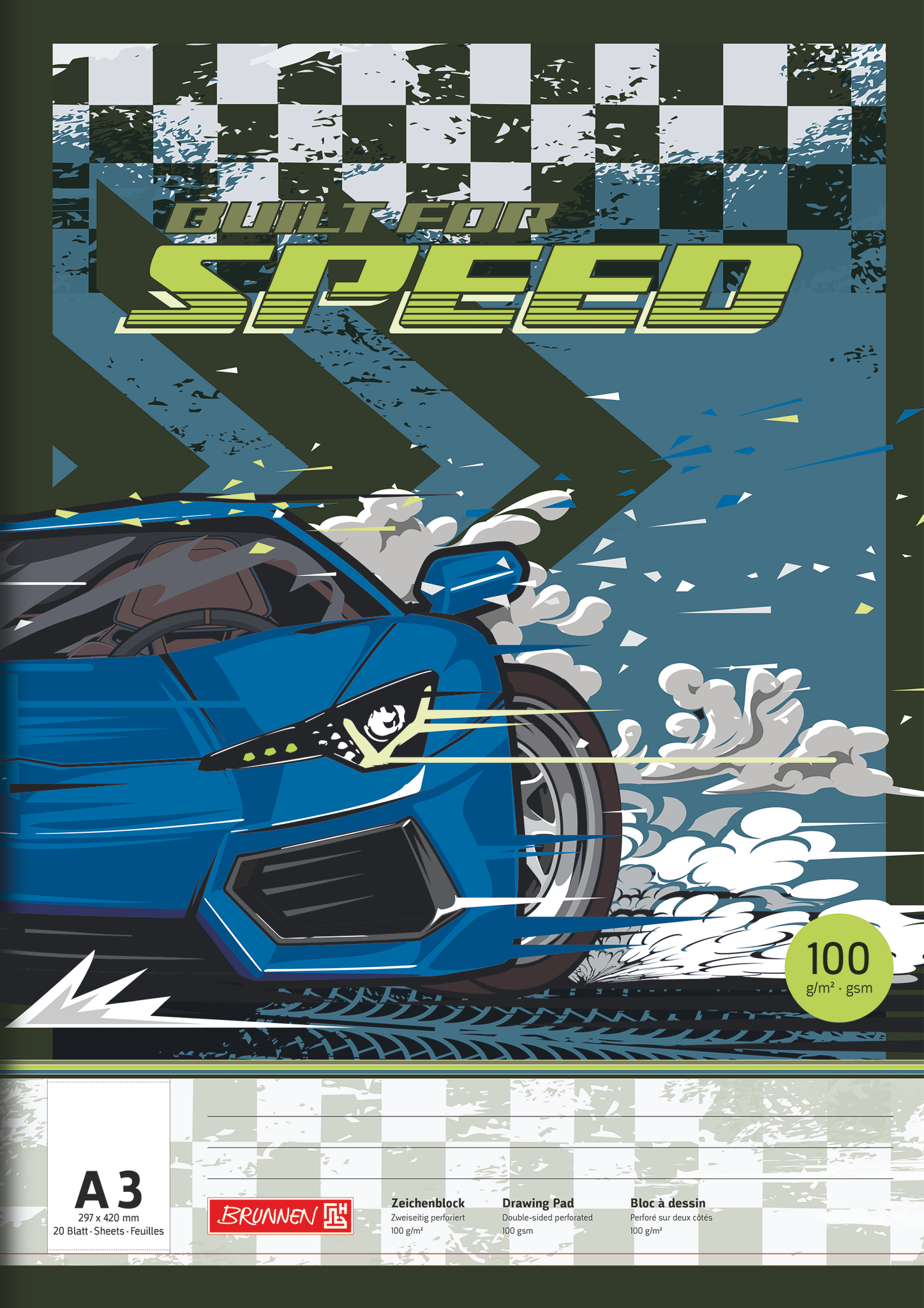 Zeichenblock Fast Wheels | A3, 20 Blatt, blau/mehrfarbig