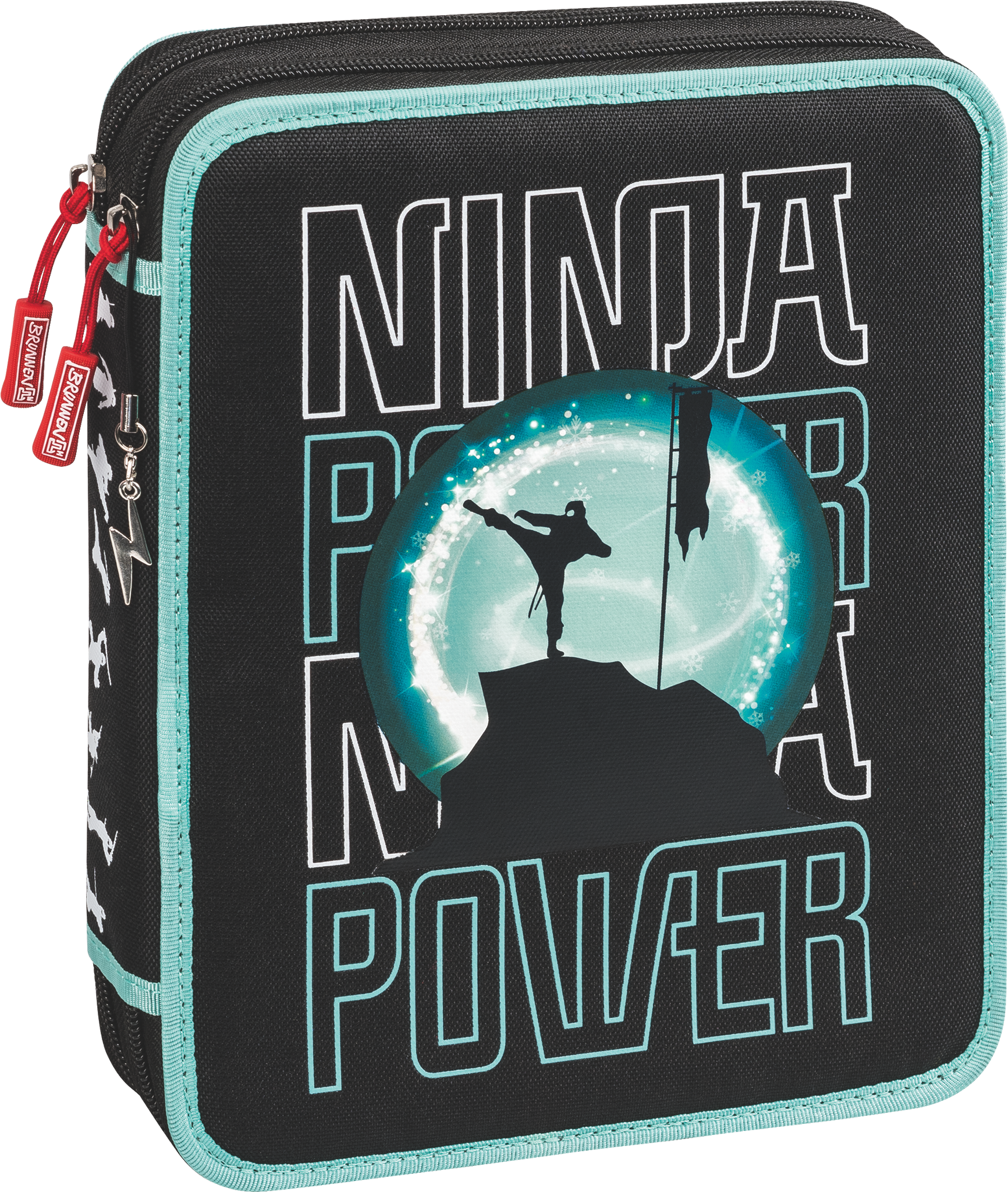 Federmäppchen XXL Ninja Power | 2 Reißverschlüsse, türkis/schwarz