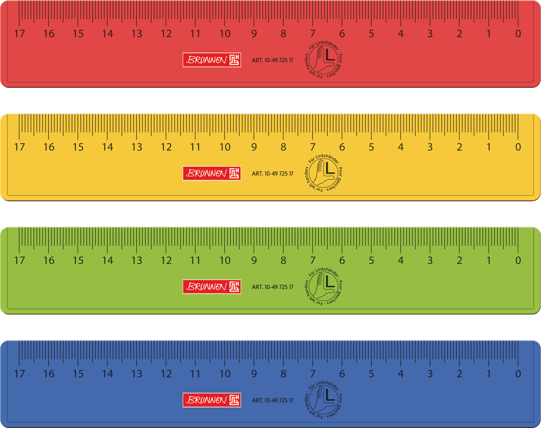 10 x Brunnen Lineal Kunststoff für Linkshänder 17cm farbig sortiert