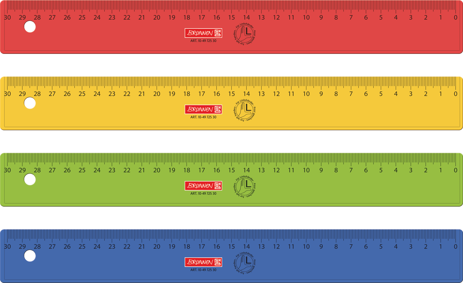 10 x Brunnen Lineal Kunststoff für Linkshänder 30cm farbig sortiert