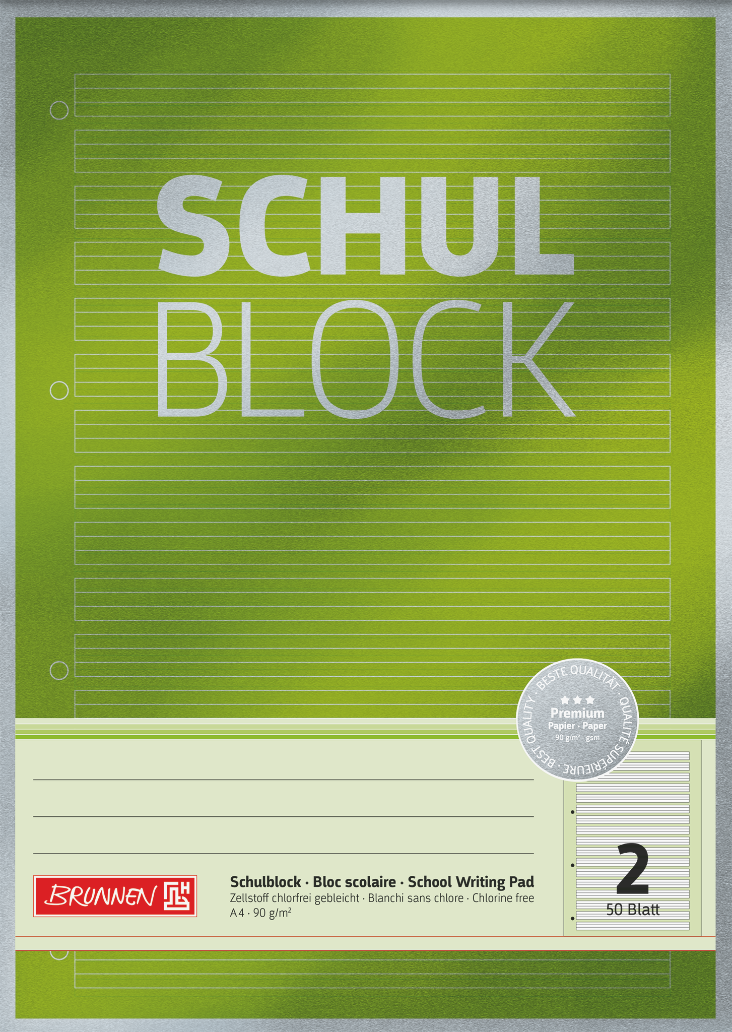 BRUNNEN Schreibblock Premium DIN A4 liniert Lineatur 2. Schuljahr, 1 St.