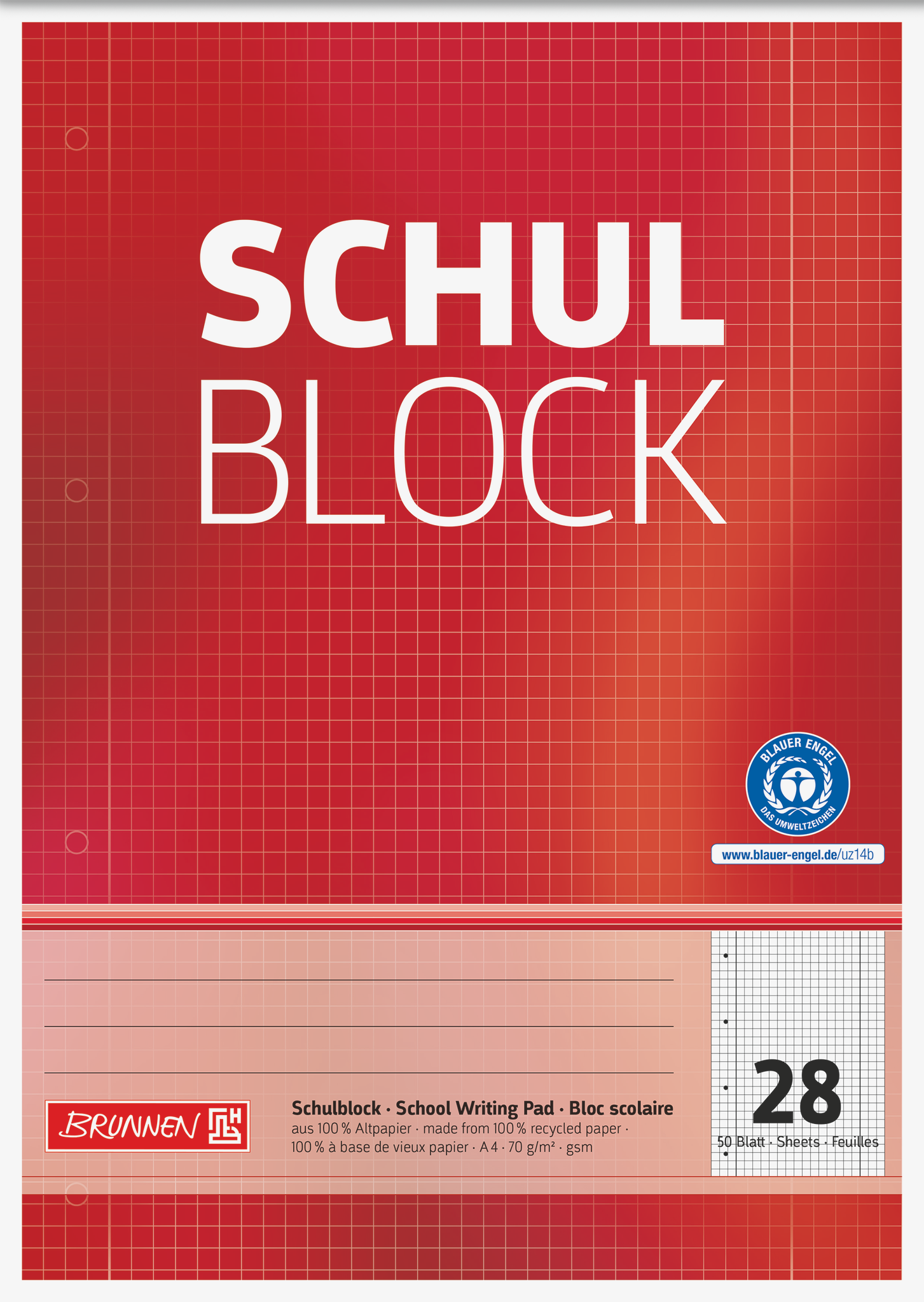 10 x Brunnen Schulblock A4 70g/qm 50 Blatt RC Lineatur 28 gelocht