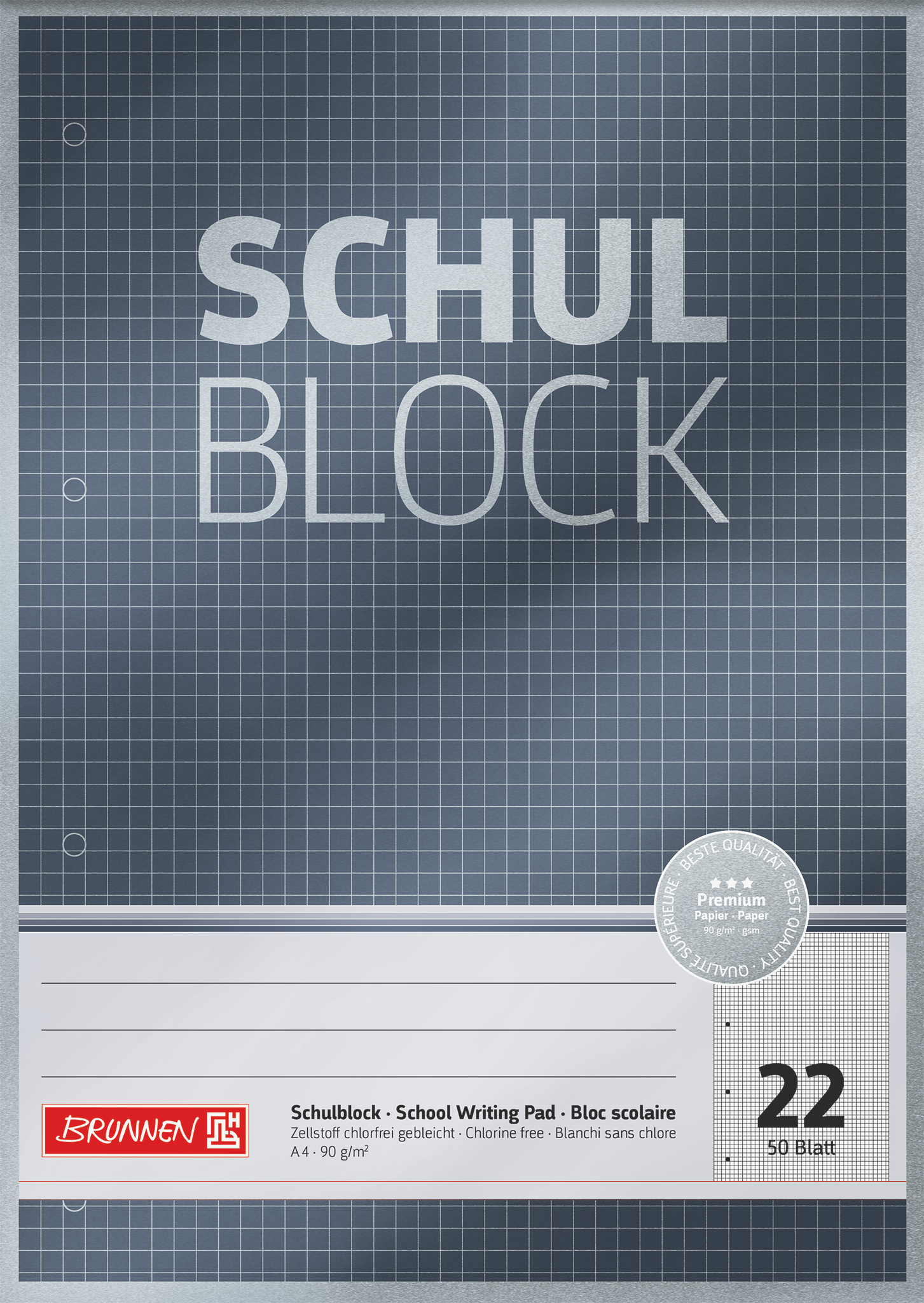 Schulblock Premium | A4, Lineatur 22, 50 Blatt, grau