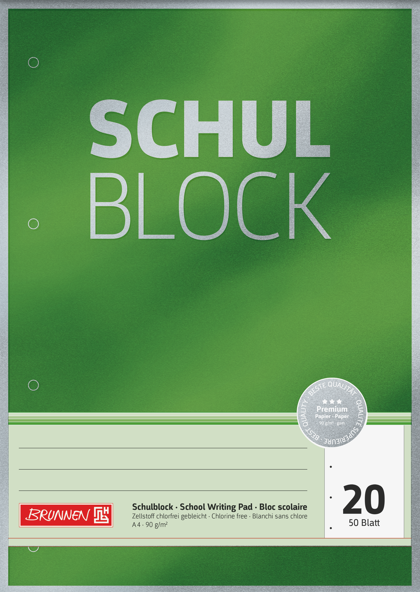 Schulblock Premium | A4, Lineatur 20, 50 Blatt, grün