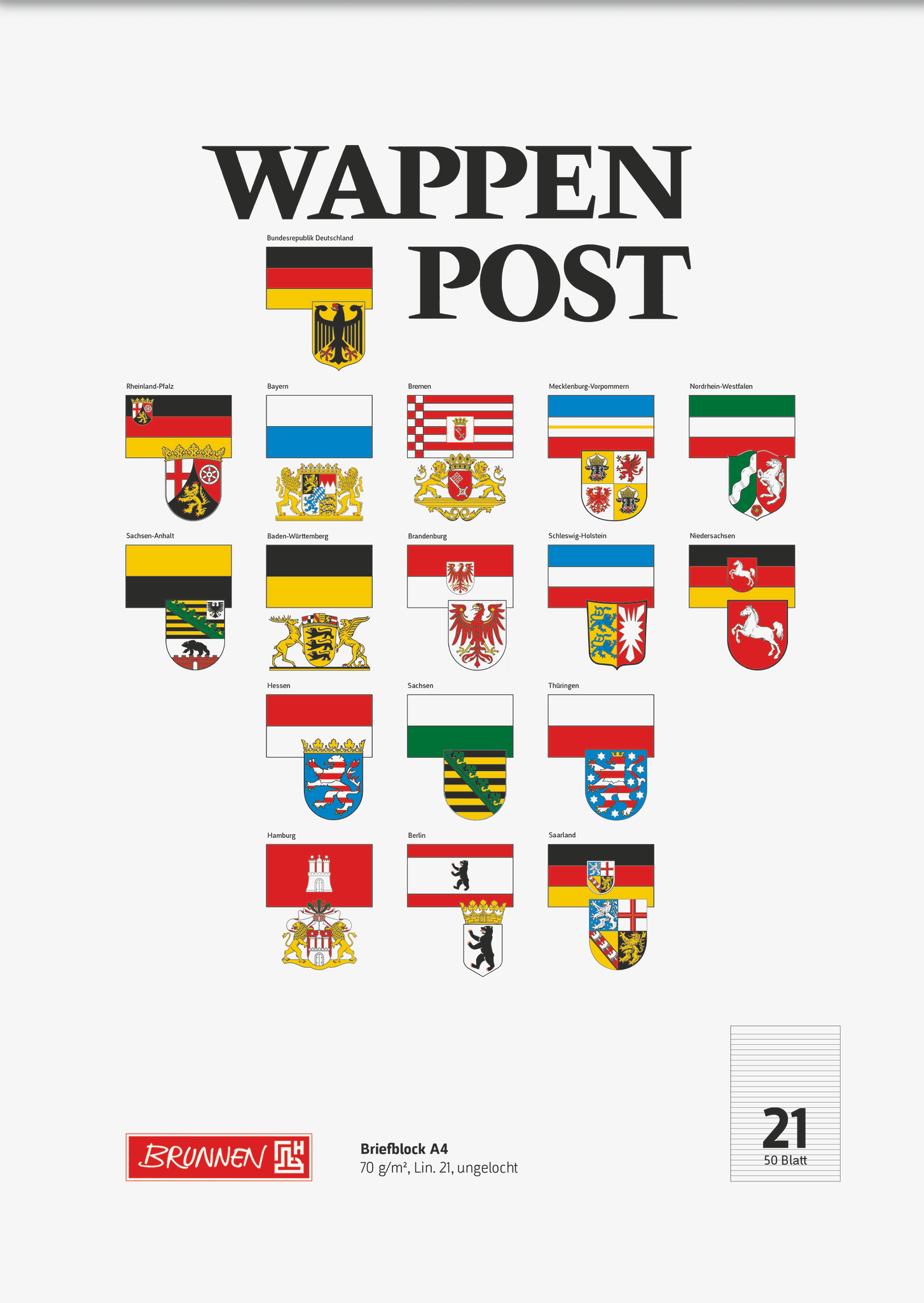 Briefblock „Wappen-Post“ | A4, Lineatur 21, 50 Blatt, mehrfarbig