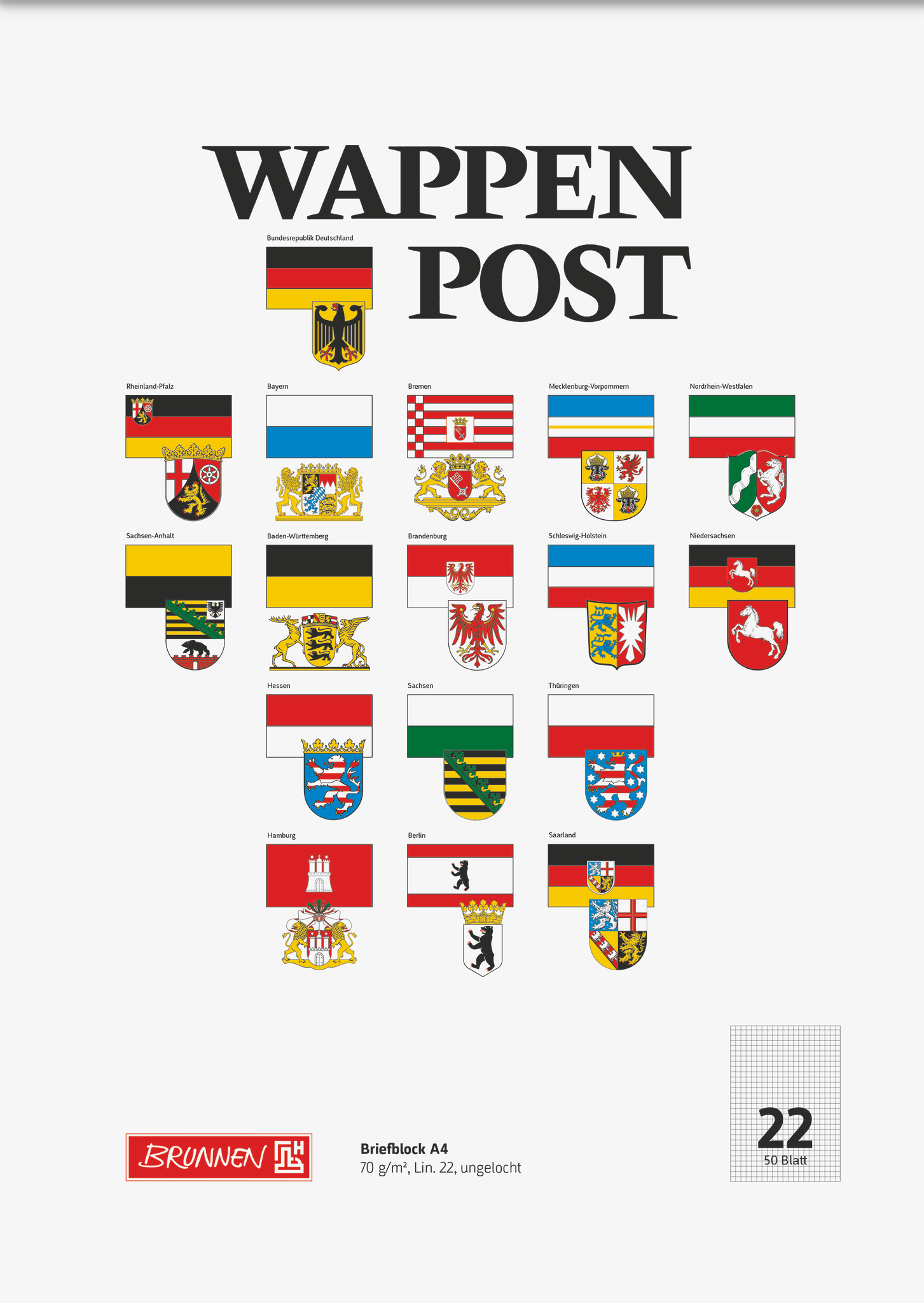 Briefblock „Wappen-Post“ | A4, Lineatur 22, 50 Blatt, mehrfarbig