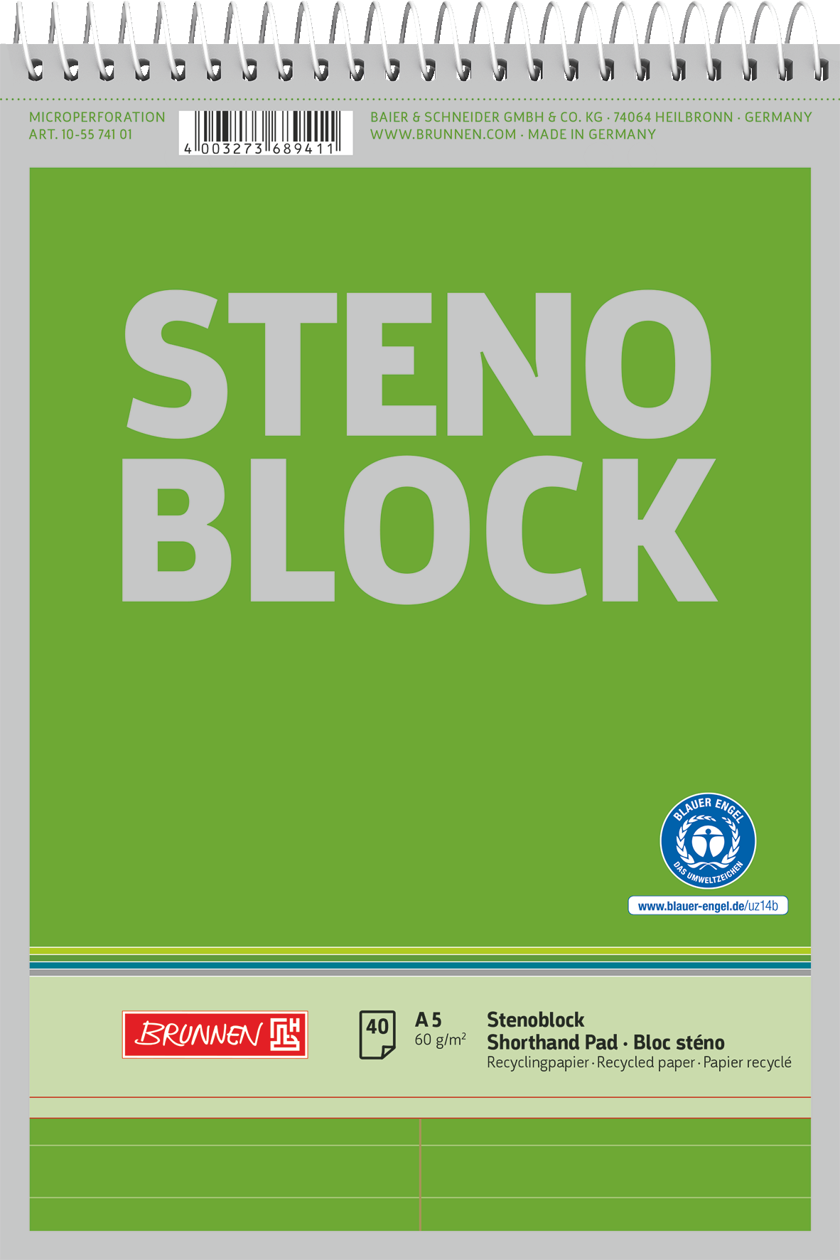 10 x Brunnen Stenoblock A5 40 Blatt RC