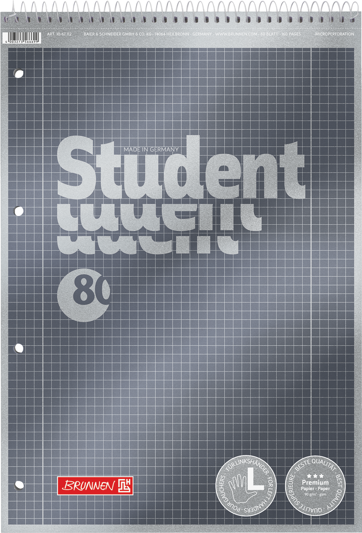 BRUNNEN Student Premium Collegeblock DIN A4 Kariert Spiralbindung Pappkarton Anthrazit Metallic Perforiert 160 Seiten 80 Blatt