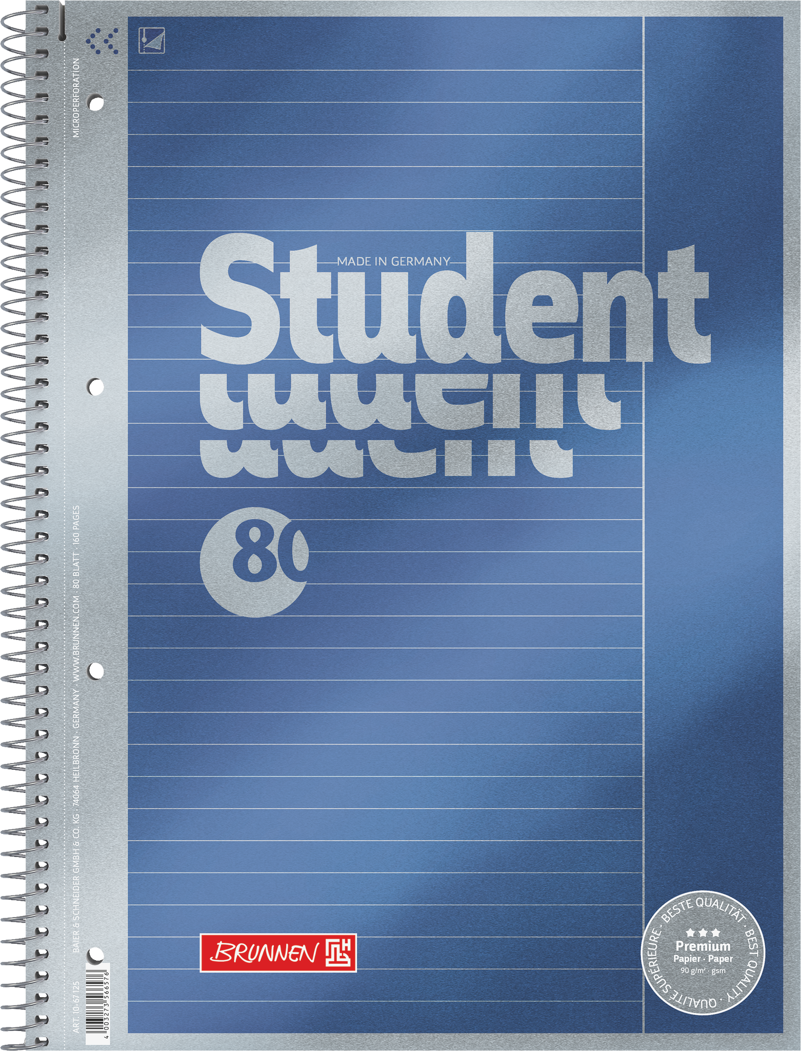 5 x Brunnen Collegeblock Premium Student A4 90g/qm 80 Blatt Lineatur 2