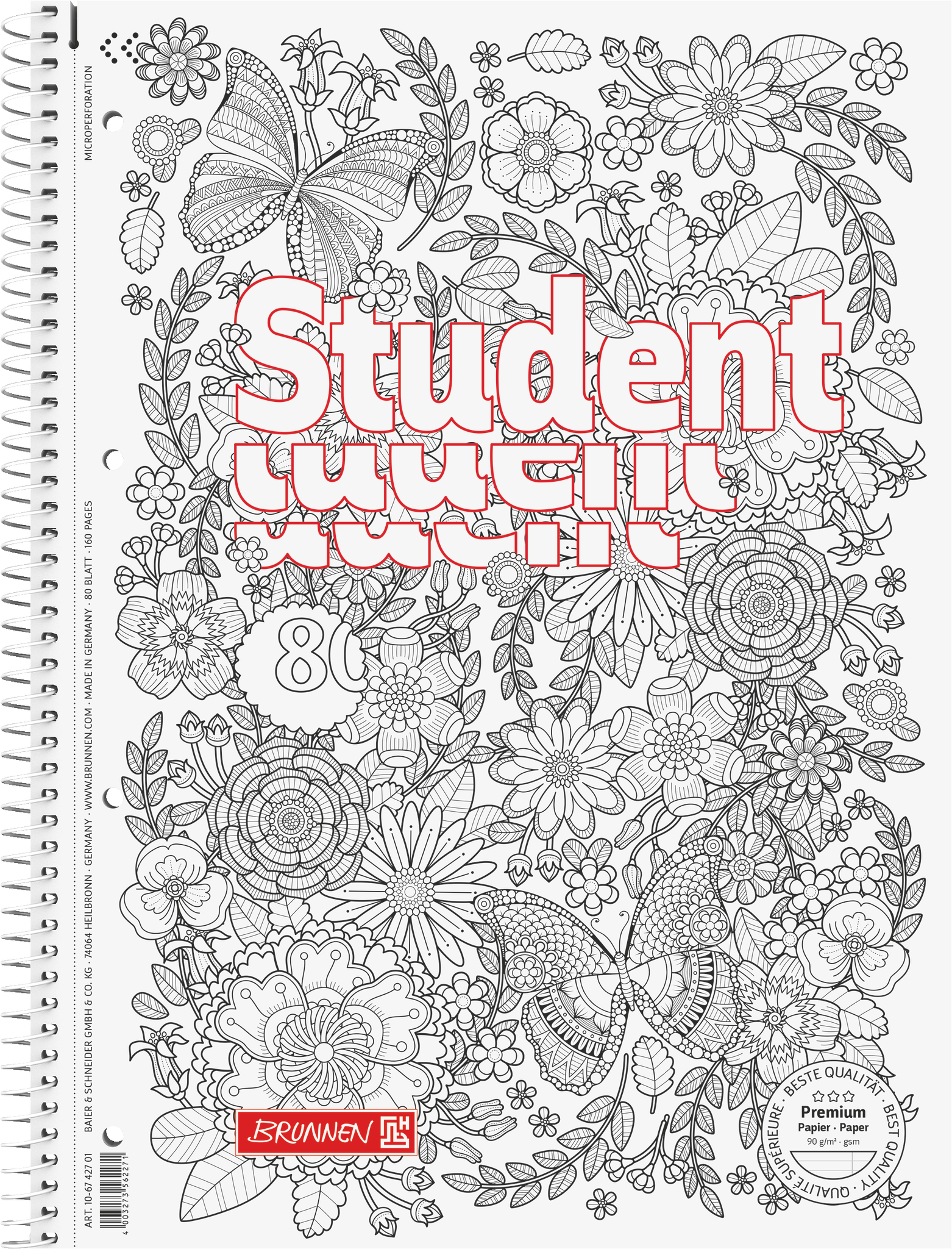 Collegeblock Premium Student „Schmetterling“ ZENart | A4, Lineatur 27, 80 Blatt, weiß