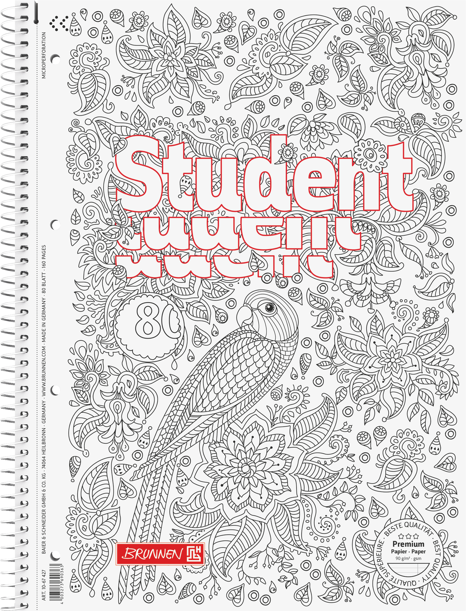 Collegeblock Premium Student „Papagei“ ZENart | A4, Lineatur 27, 80 Blatt, weiß