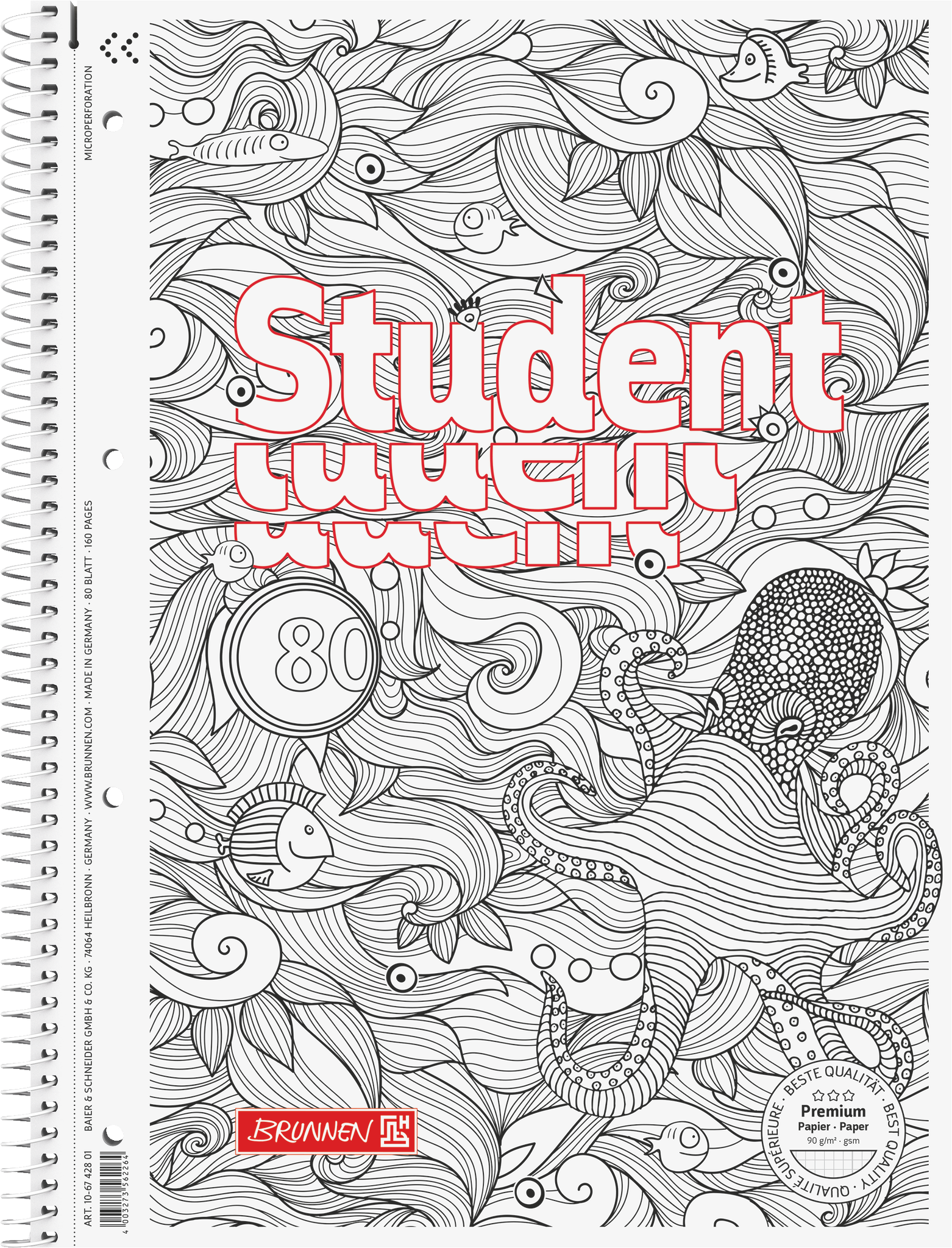 Collegeblock Premium Student „Krake“ ZENart | A4, Lineatur 28, 80 Blatt, weiß