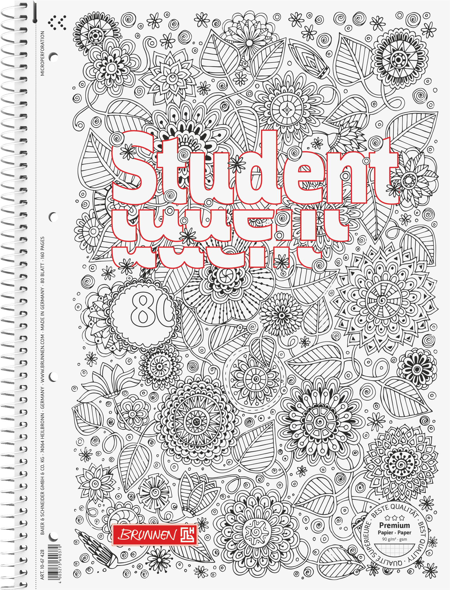 Collegeblock Premium Student „Floral“ ZENart | A4, Lineatur 28, 80 Blatt, weiß