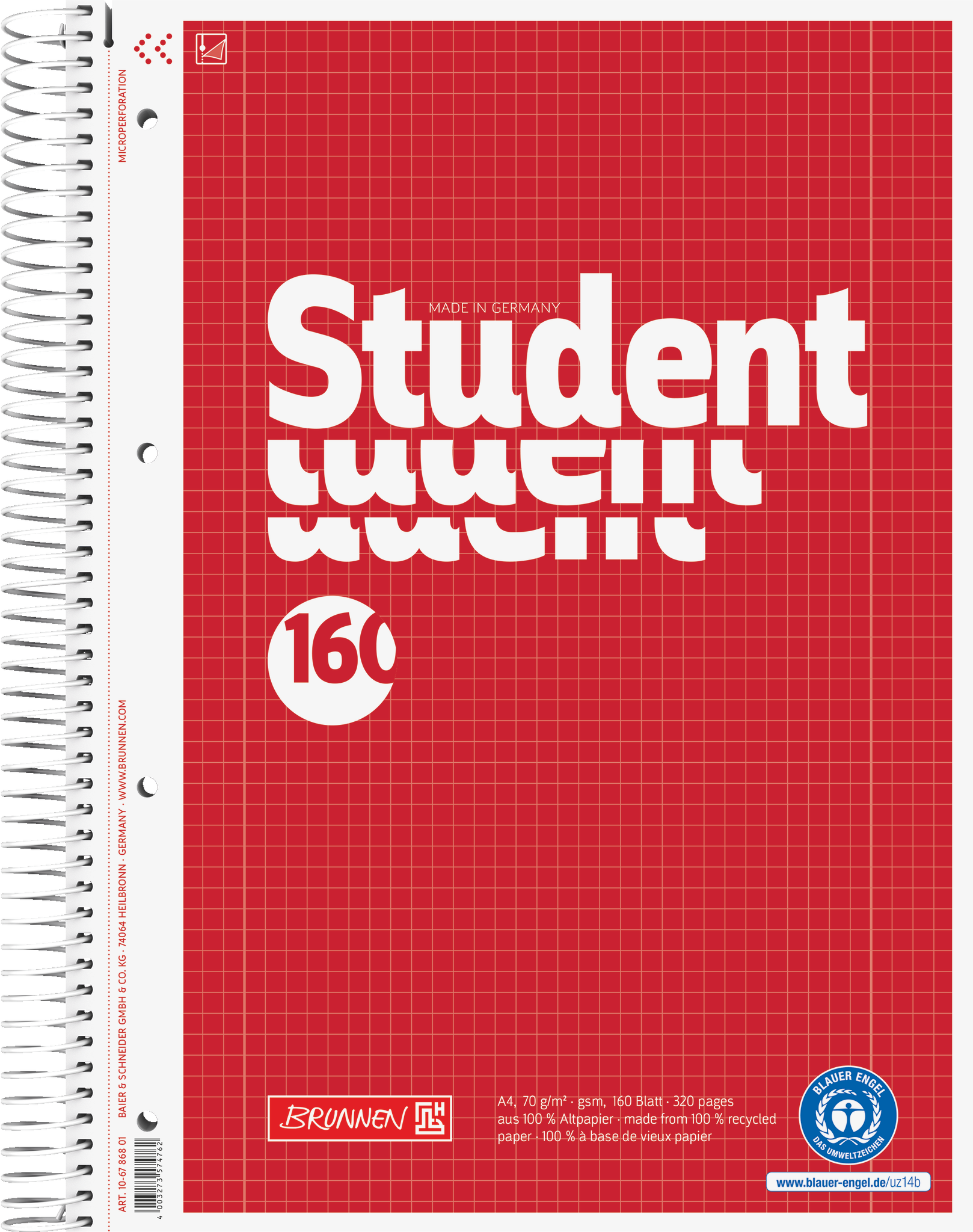 5 x Brunnen Collegeblock Student A4 70g/qm 160 Blatt RC Lineatur 28