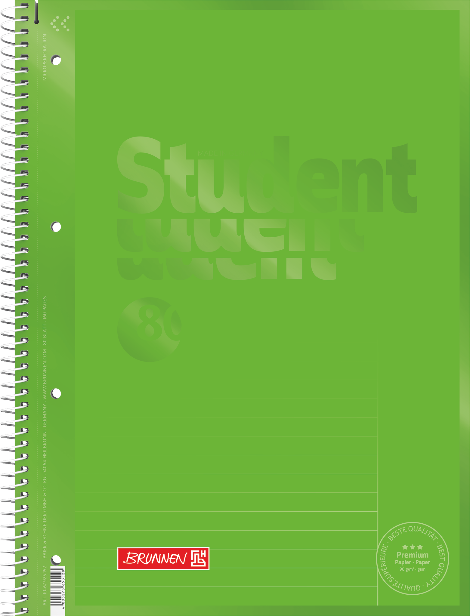 5 x Brunnen Kollegblock Student Colour Code A4 90g/qm 80 Blatt kiwi Li