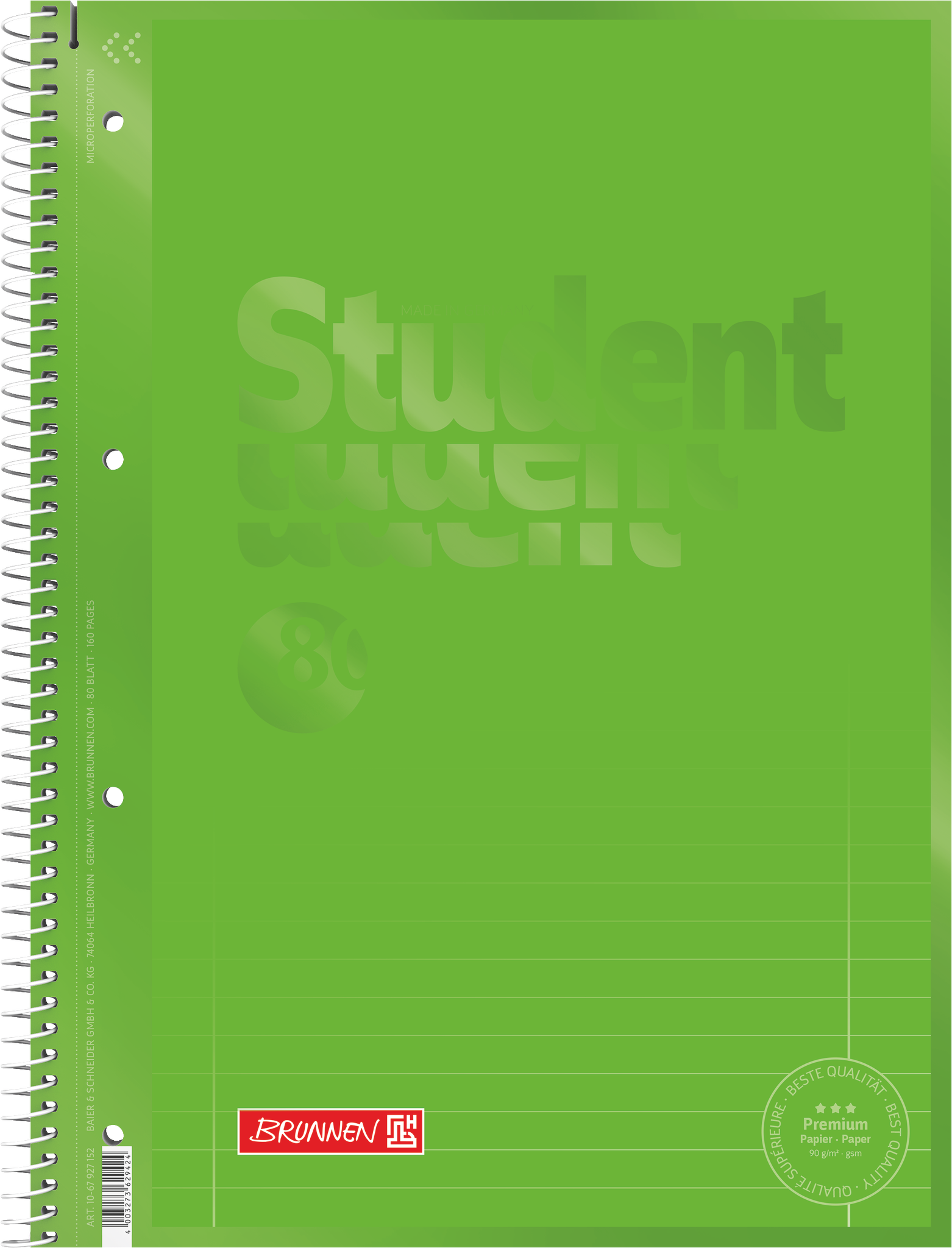 5 x Brunnen Kollegblock Student Colour Code A4 90g/qm 80 Blatt kiwi Li