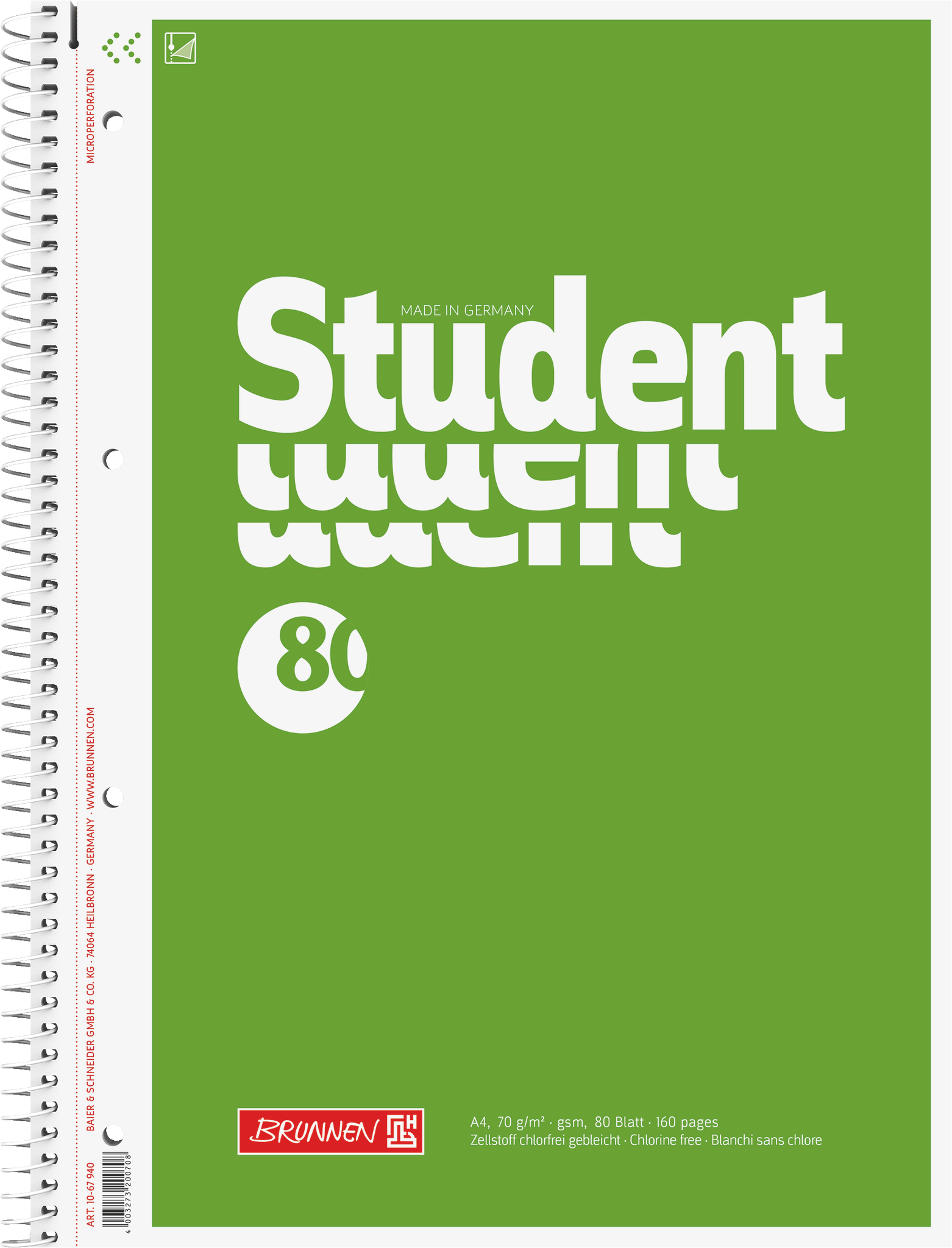 5 x Brunnen Kollegblock Student A4 70g/qm blanko 80 Blatt grün