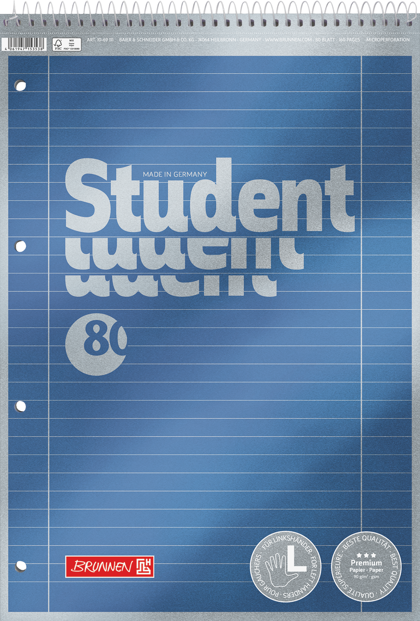 Collegeblock Premium Student Spirale oben | A4, Lineatur 27, 80 Blatt, blau