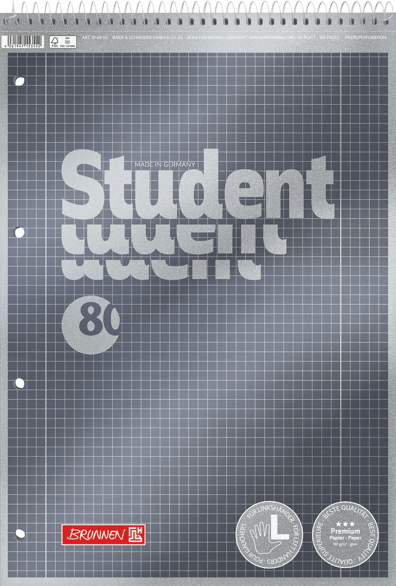 Collegeblock Premium Student Spirale oben | A4, Lineatur 28, 80 Blatt, anthrazit