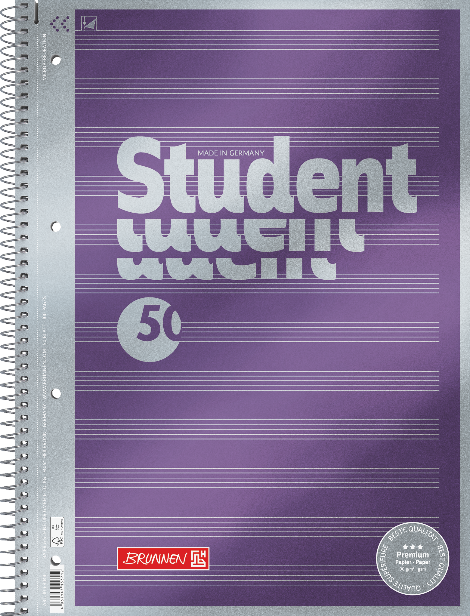 Collegeblock Premium Student „Noten“ | A4, Lineatur 14, 50 Blatt, violett