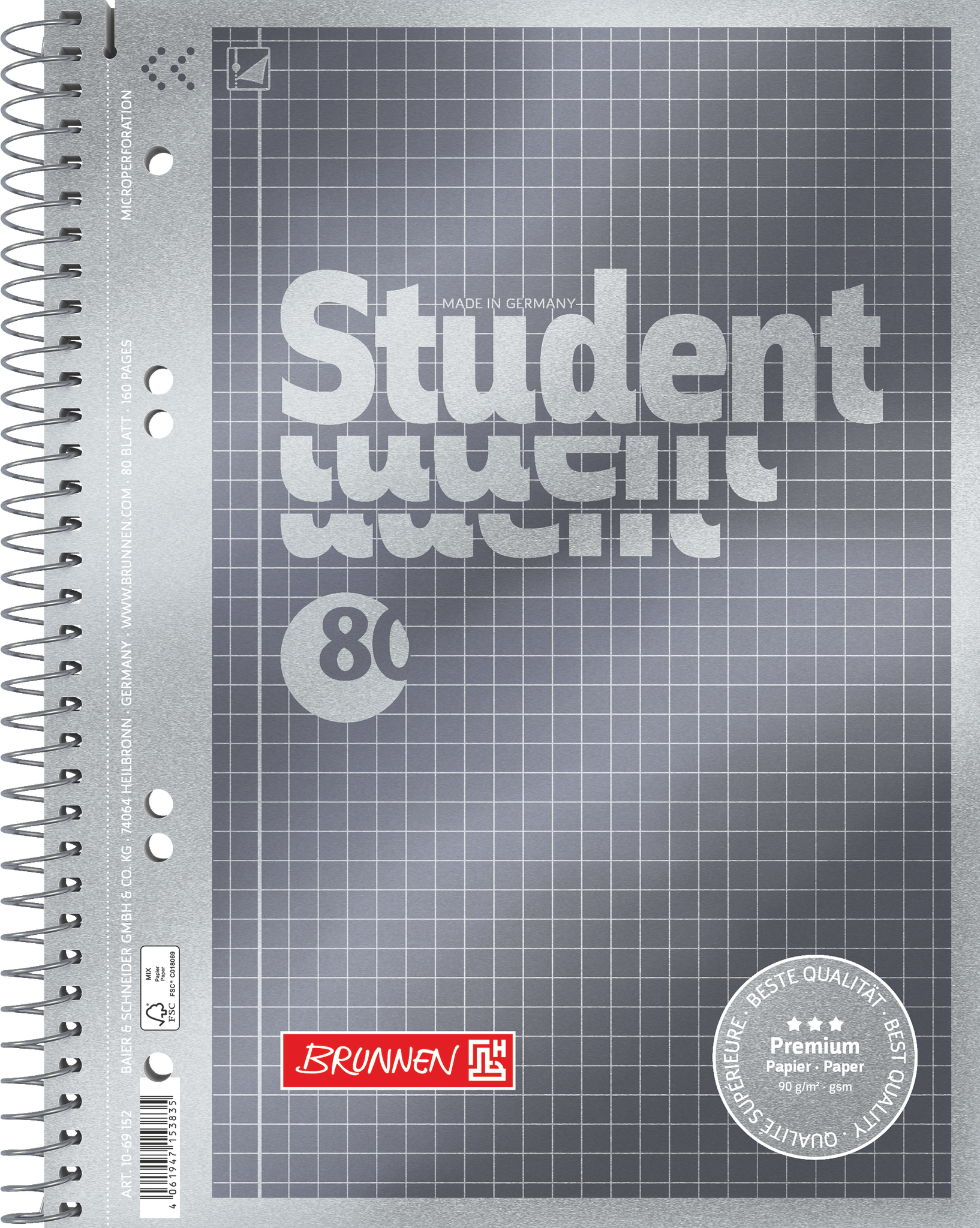 5 x Brunnen Collegeblock Premium Student A5 90g/qm 80 Blatt kariert