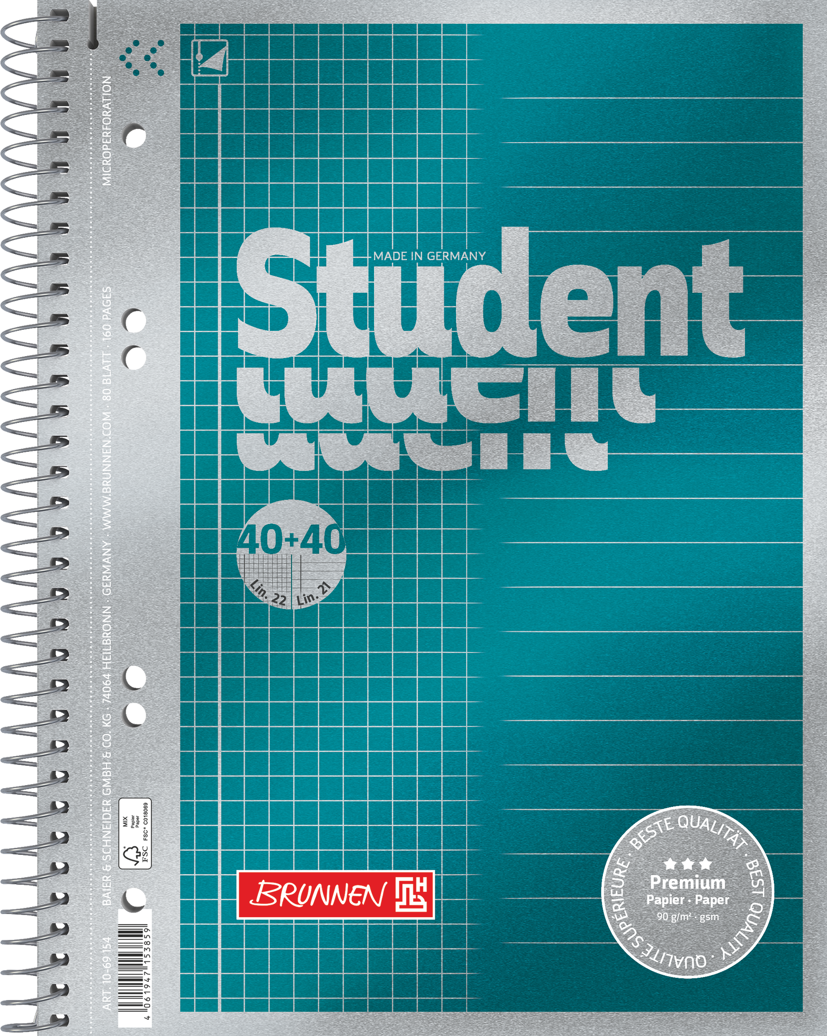 Collegeblock Premium Student „DUO“ | A5, kariert/liniert, 80 Blatt, petrol