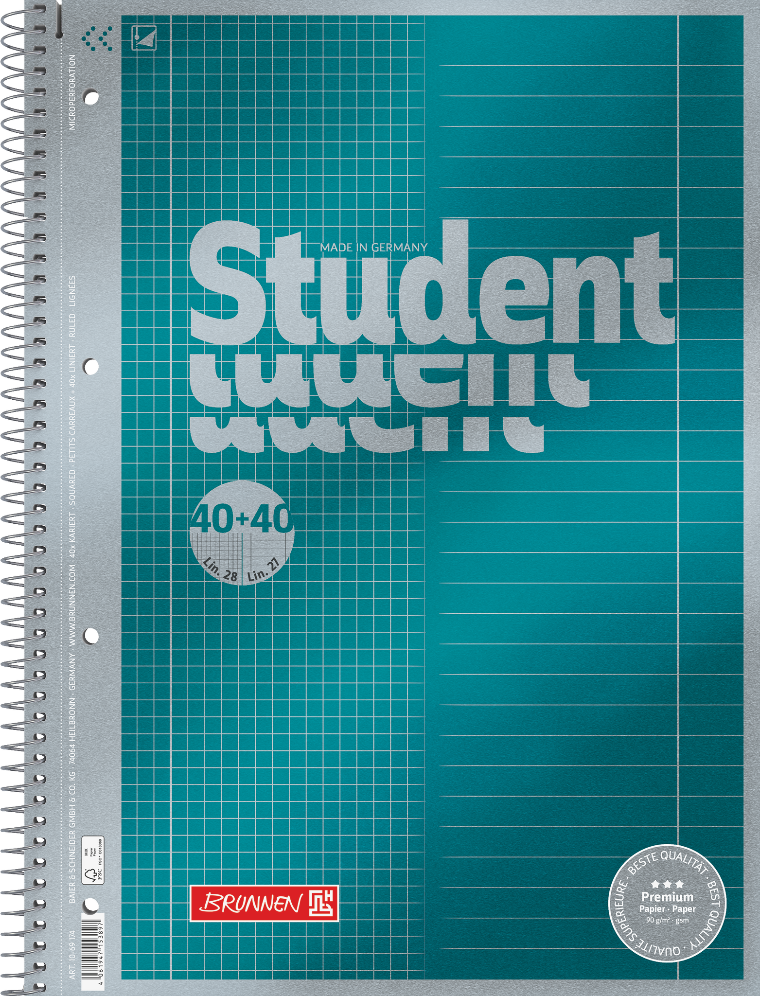 Collegeblock Premium Student „DUO“ | A4, kariert/liniert, 80 Blatt, petrol