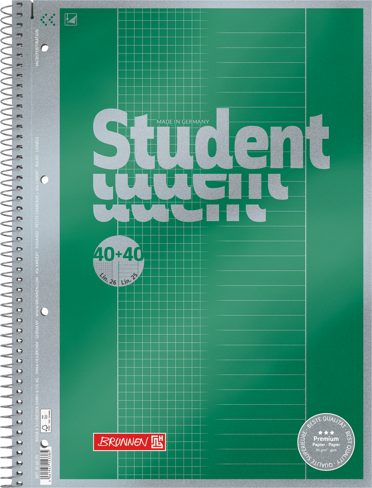 Collegeblock Premium Student „DUO“ | A4, kariert/liniert, 80 Blatt, grün