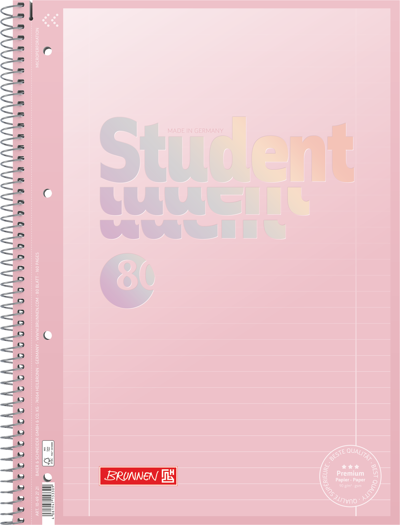 Collegeblock Premium Student „Pastell“ | A4, Lineatur 27, 80 Blatt, pastellrosa