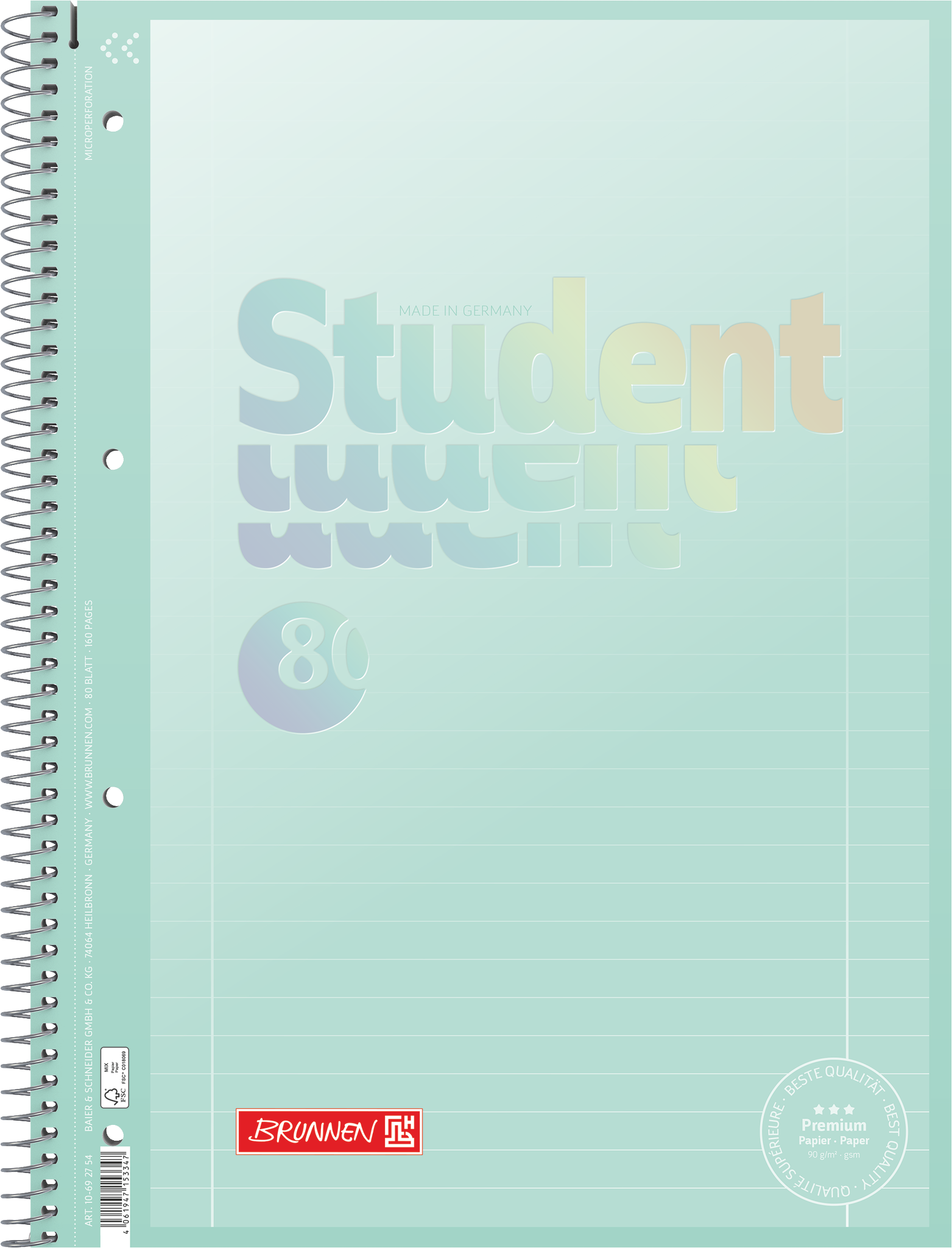 Collegeblock Premium Student „Pastell“ | A4, Lineatur 27, 80 Blatt, pastellmint