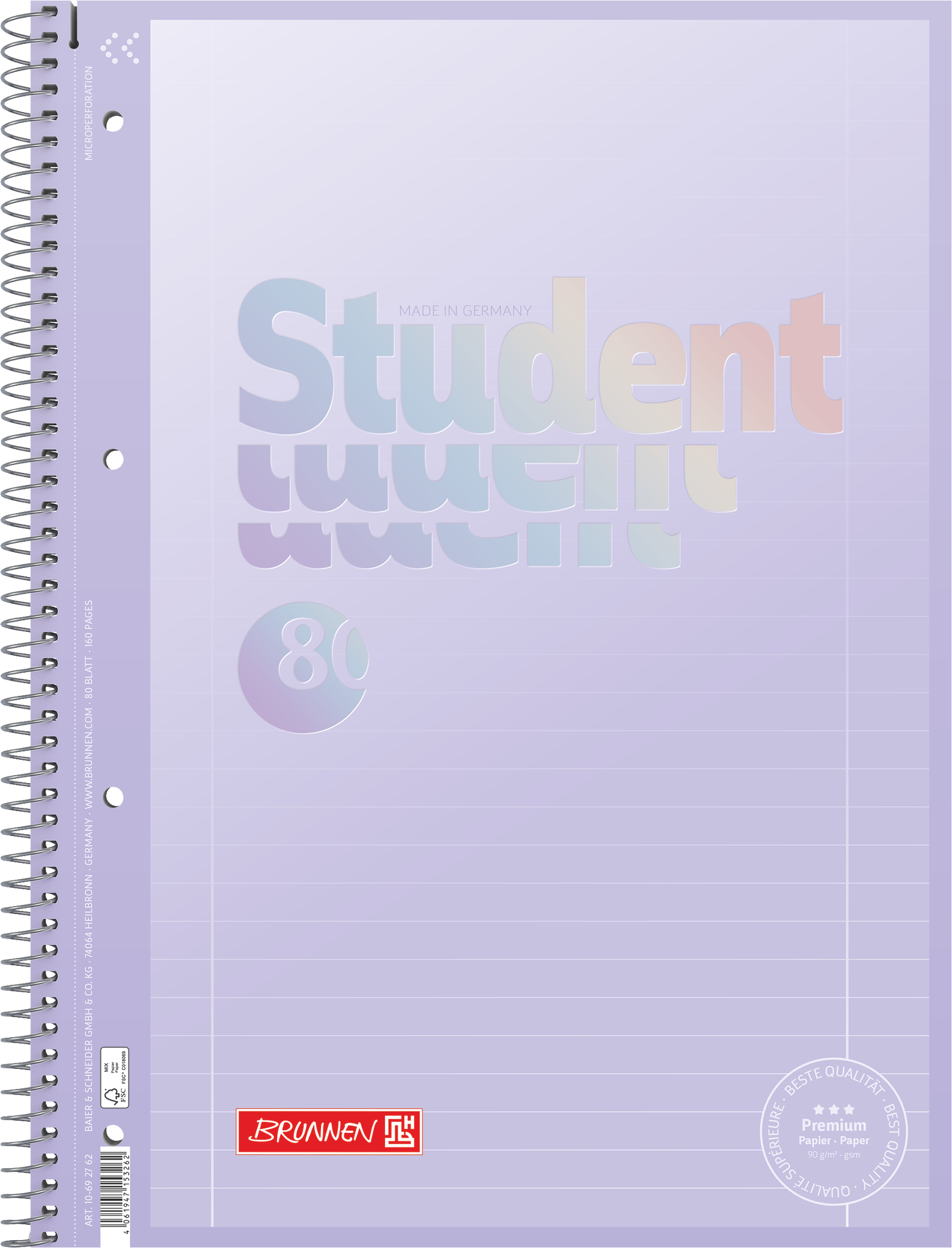 Collegeblock Premium Student „Pastell“ | A4, Lineatur 27, 80 Blatt, pastelllila